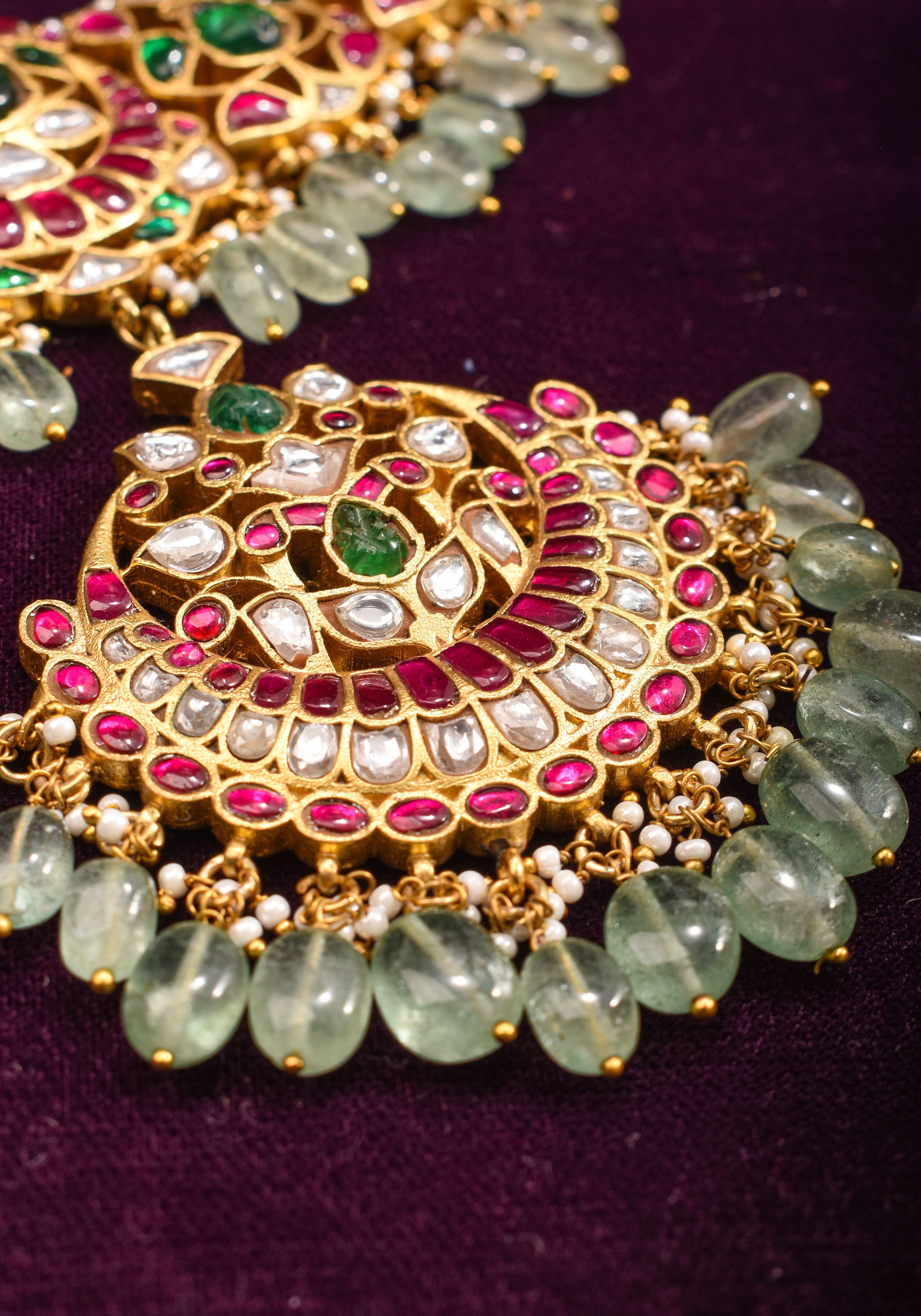Exquisite Jadau Necklace with central pendant and sage dangling stones | SHOBITAM