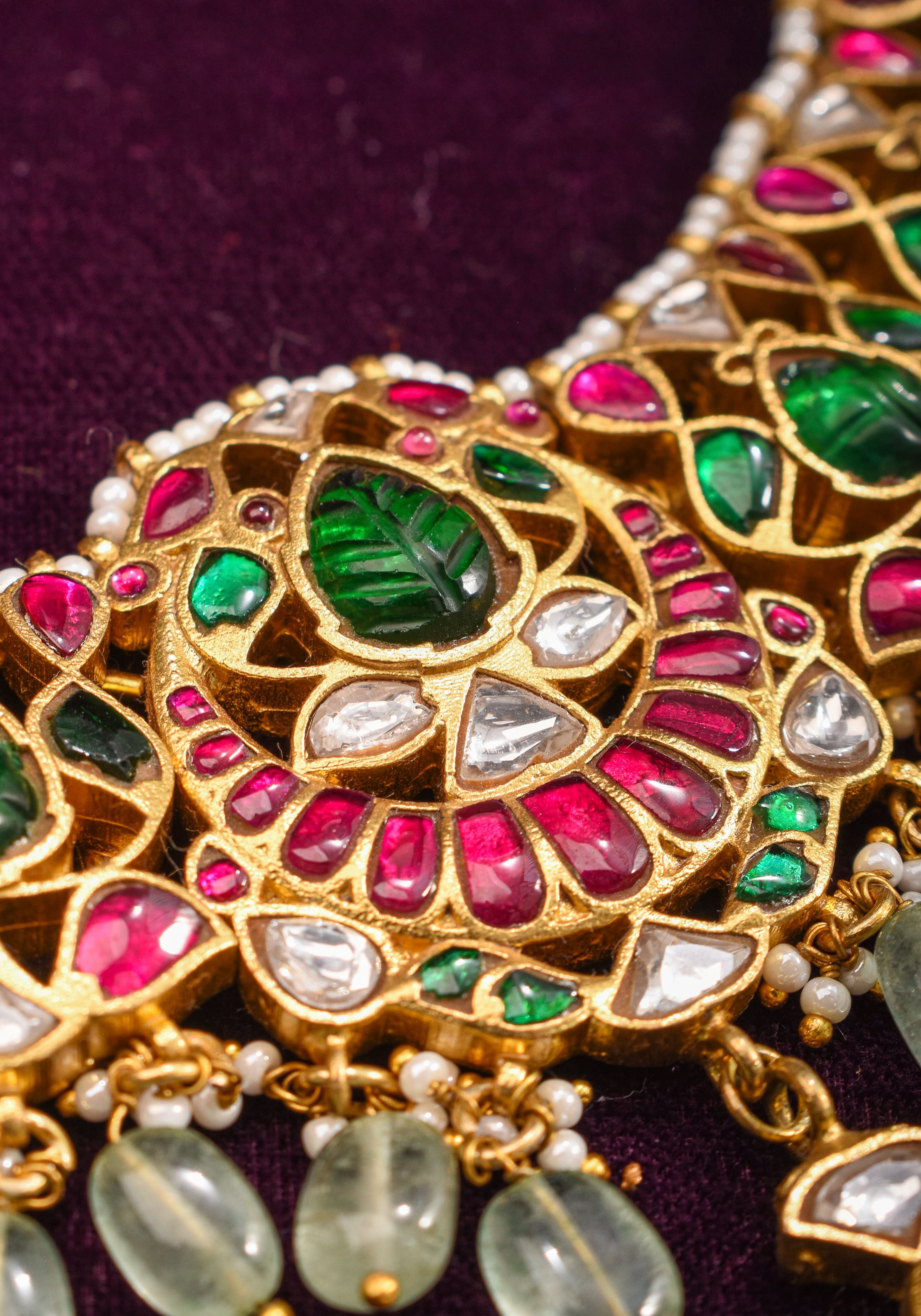 Exquisite Jadau Necklace with central pendant and sage dangling stones | SHOBITAM