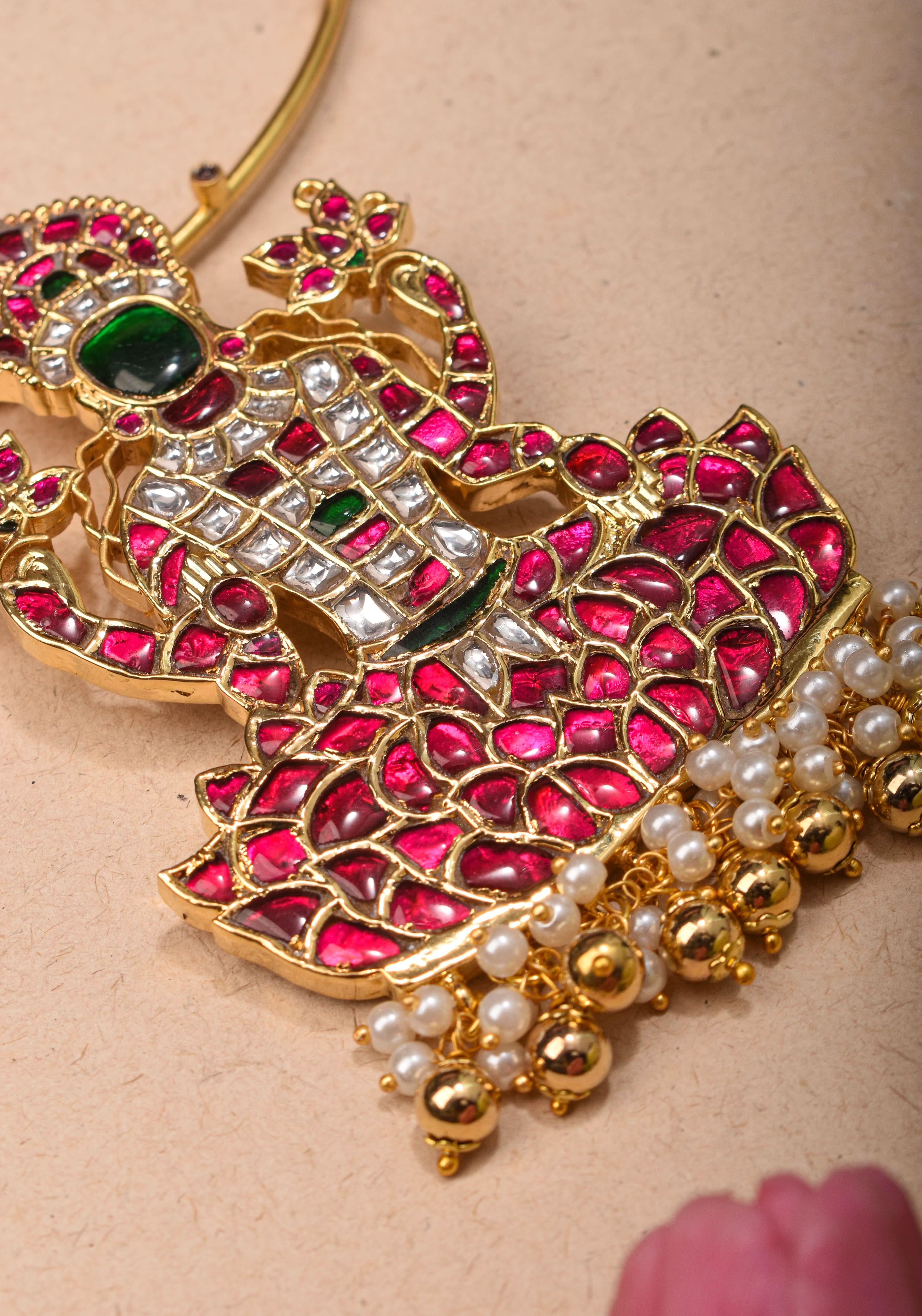 Saraswathi Jadau Pendant with Multicolor Stones on Wire Base pendant and dangling beads