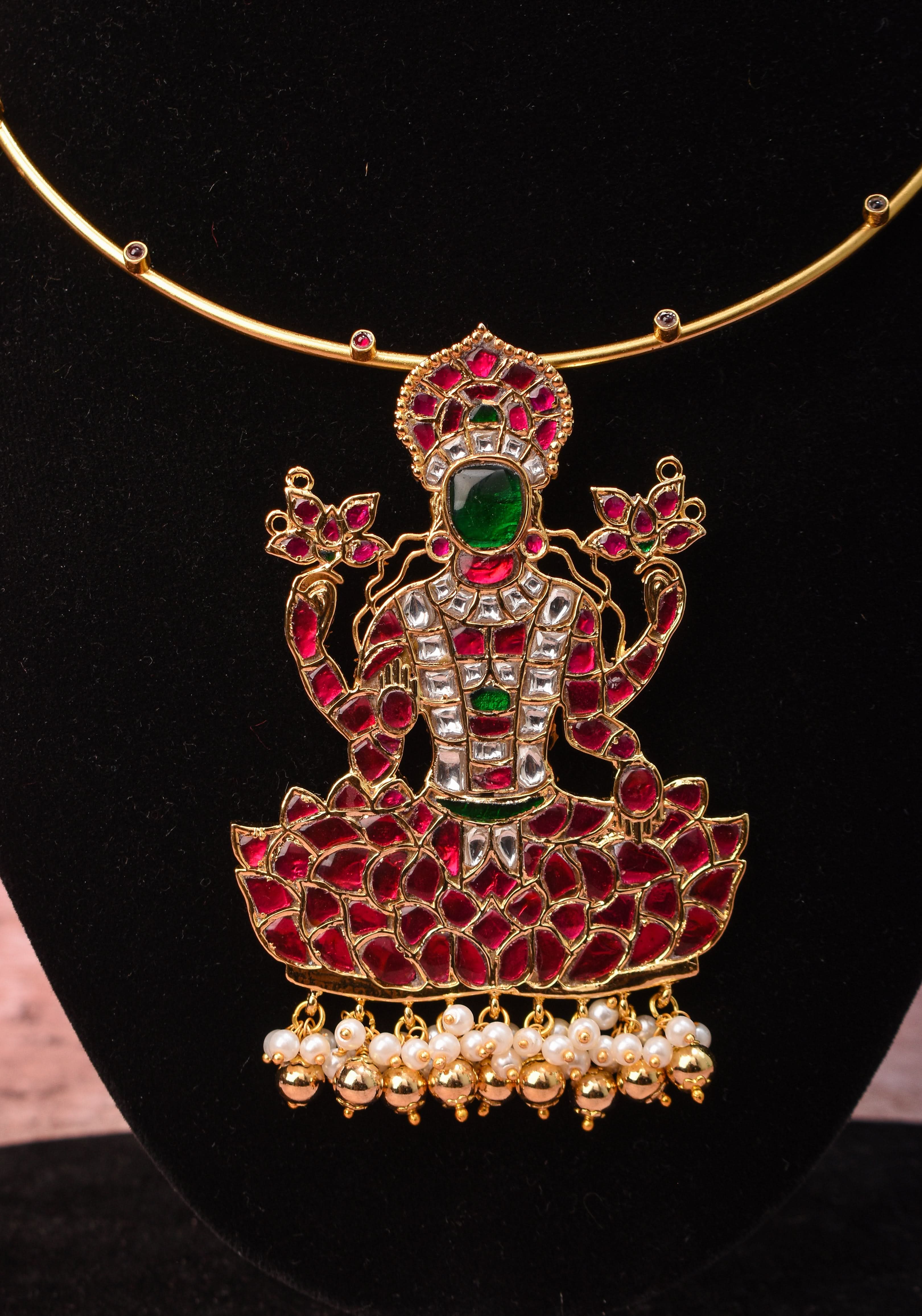 Saraswathi Jadau Pendant with Multicolor Stones on Wire Base pendant and dangling beads