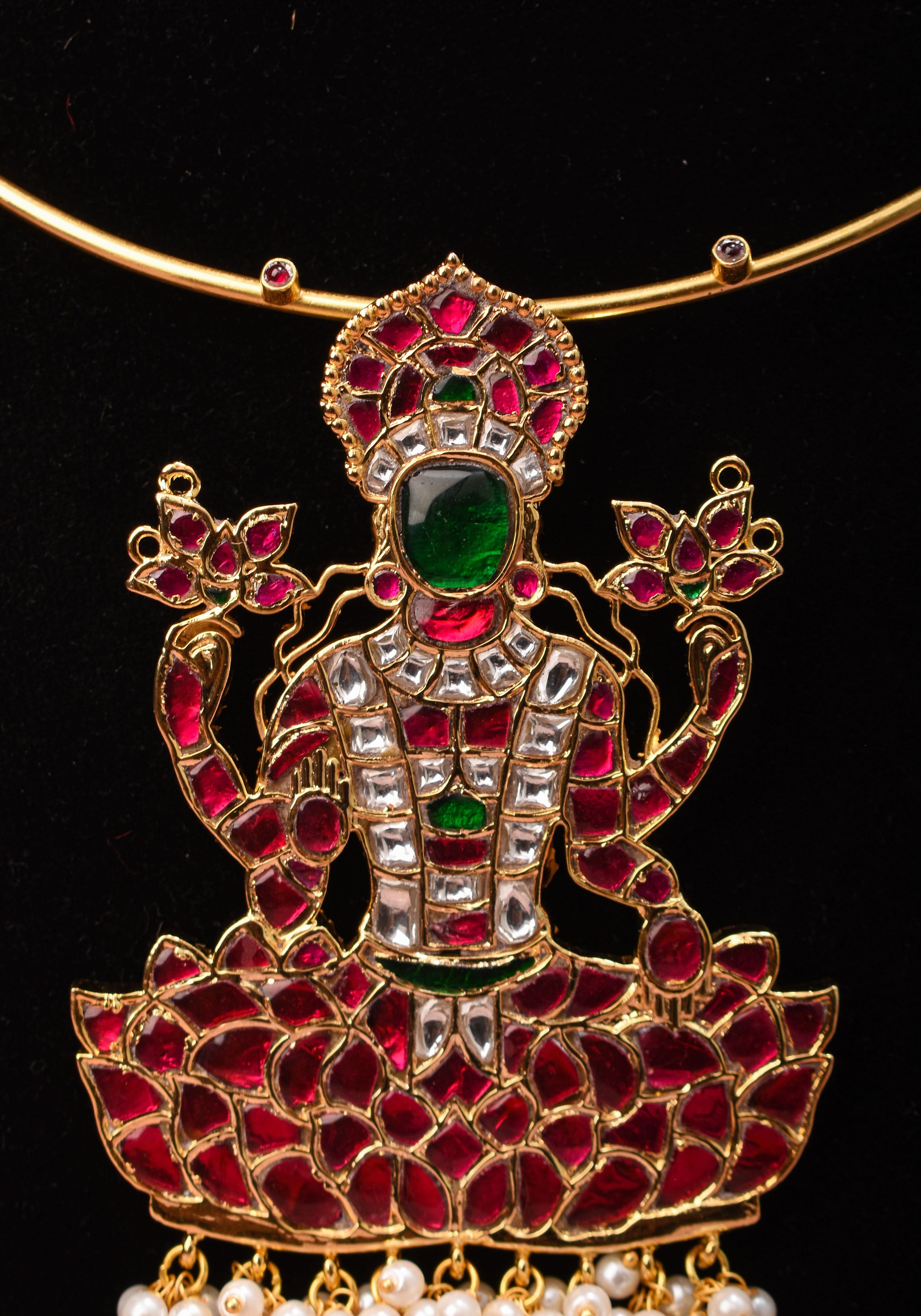 Saraswathi Jadau Pendant with Multicolor Stones on Wire Base pendant and dangling beads