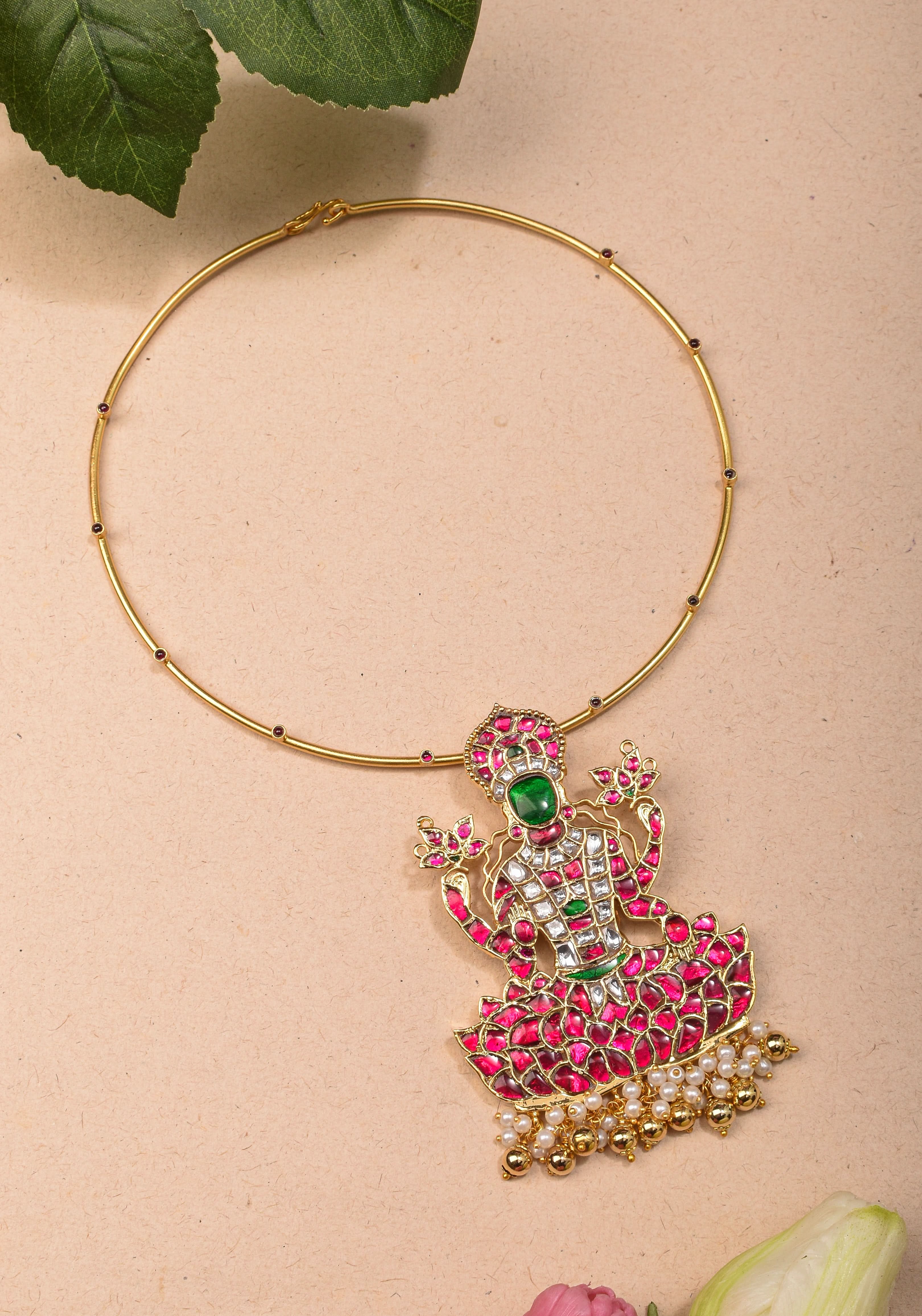 Saraswathi Jadau Pendant with Multicolor Stones on Wire Base pendant and dangling beads