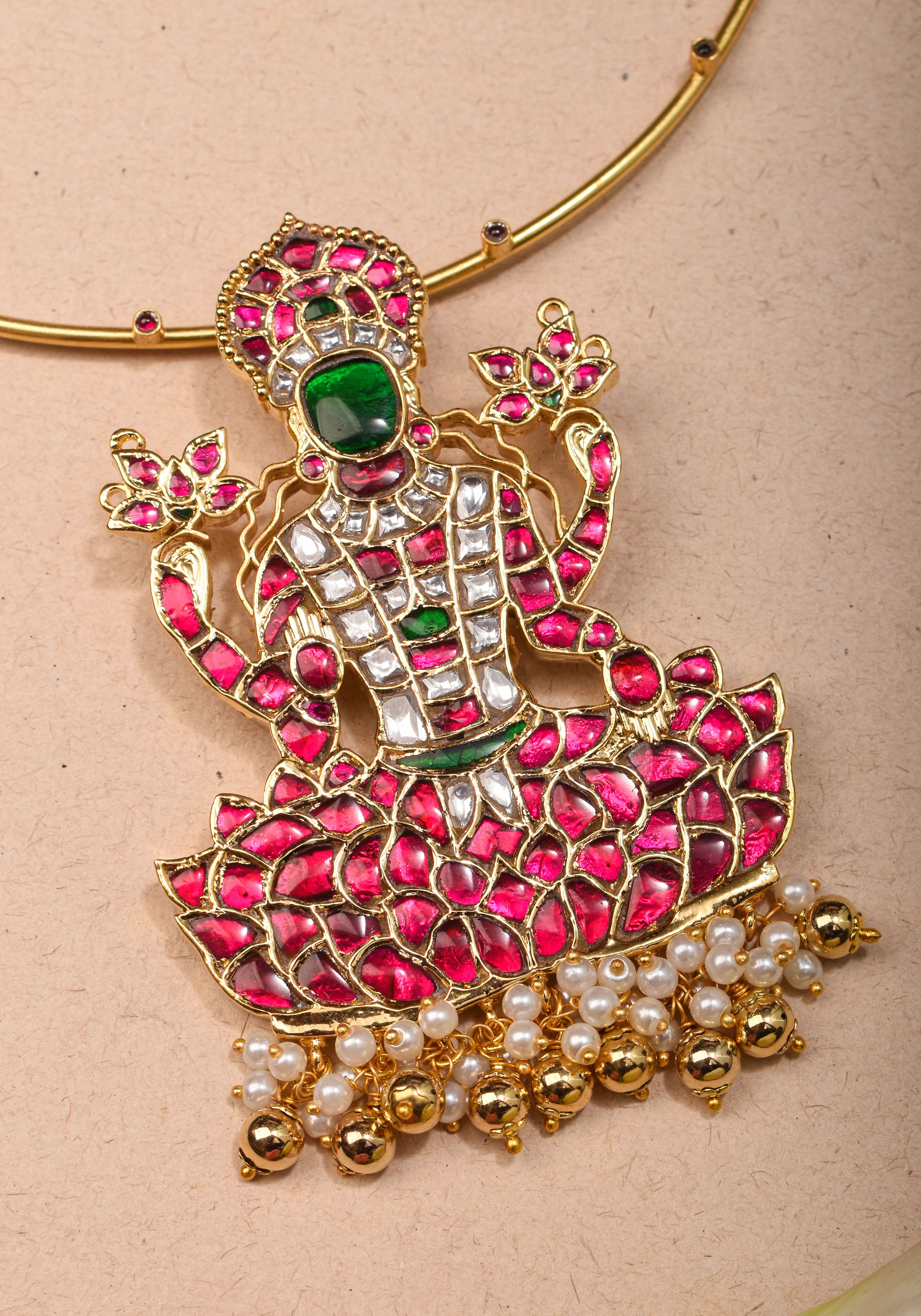 Saraswathi Jadau Pendant with Multicolor Stones on Wire Base pendant and dangling beads