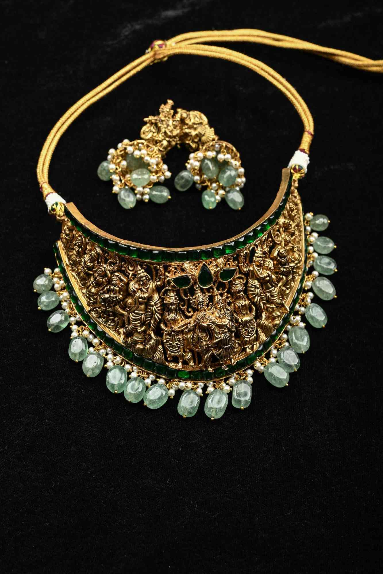 Antique Handcrafted Jadau Radhe Krishna Choker Set with Green Stone and Dangling Beads