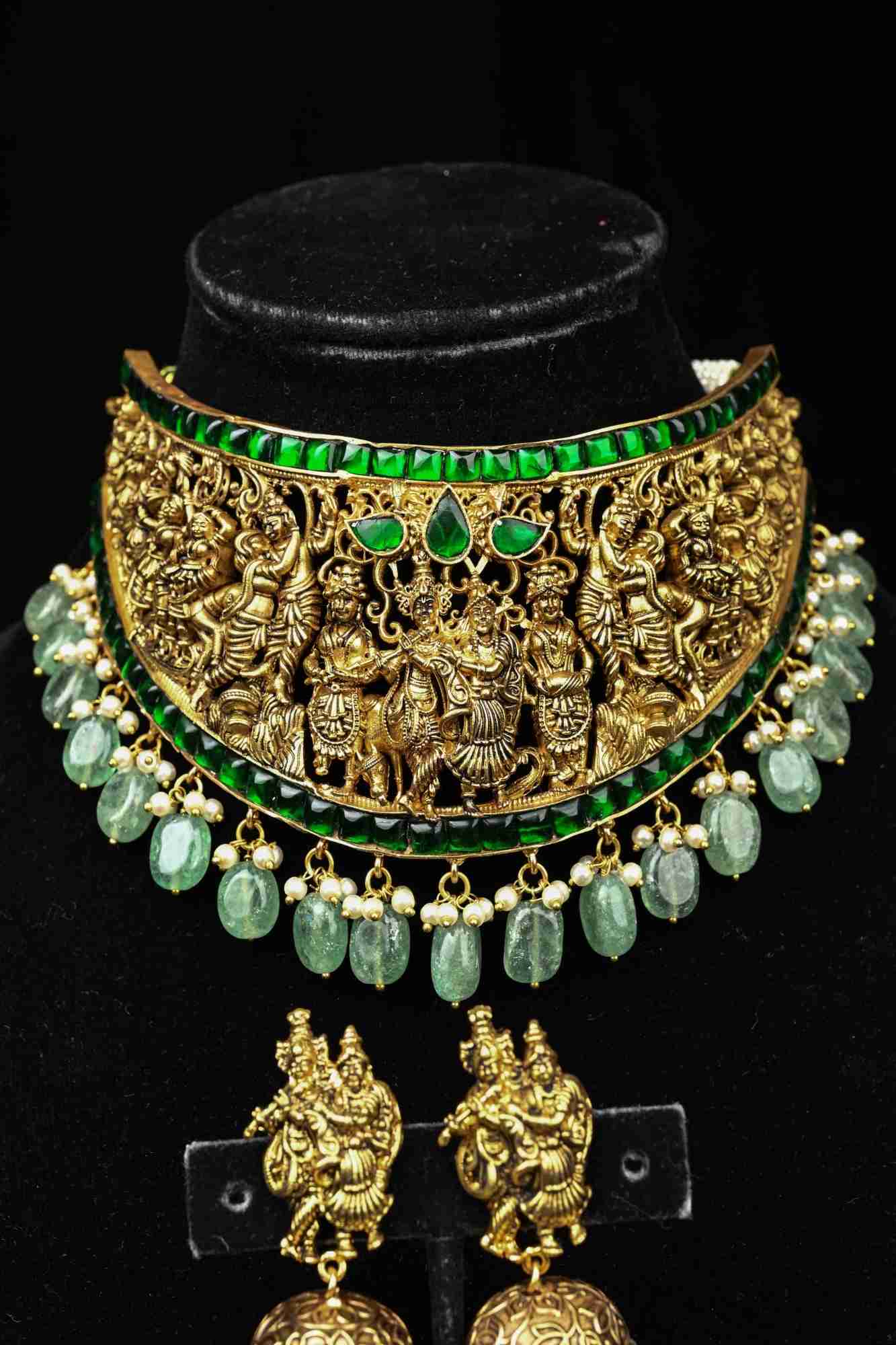 Antique Handcrafted Jadau Radhe Krishna Choker Set with Green Stone and Dangling Beads