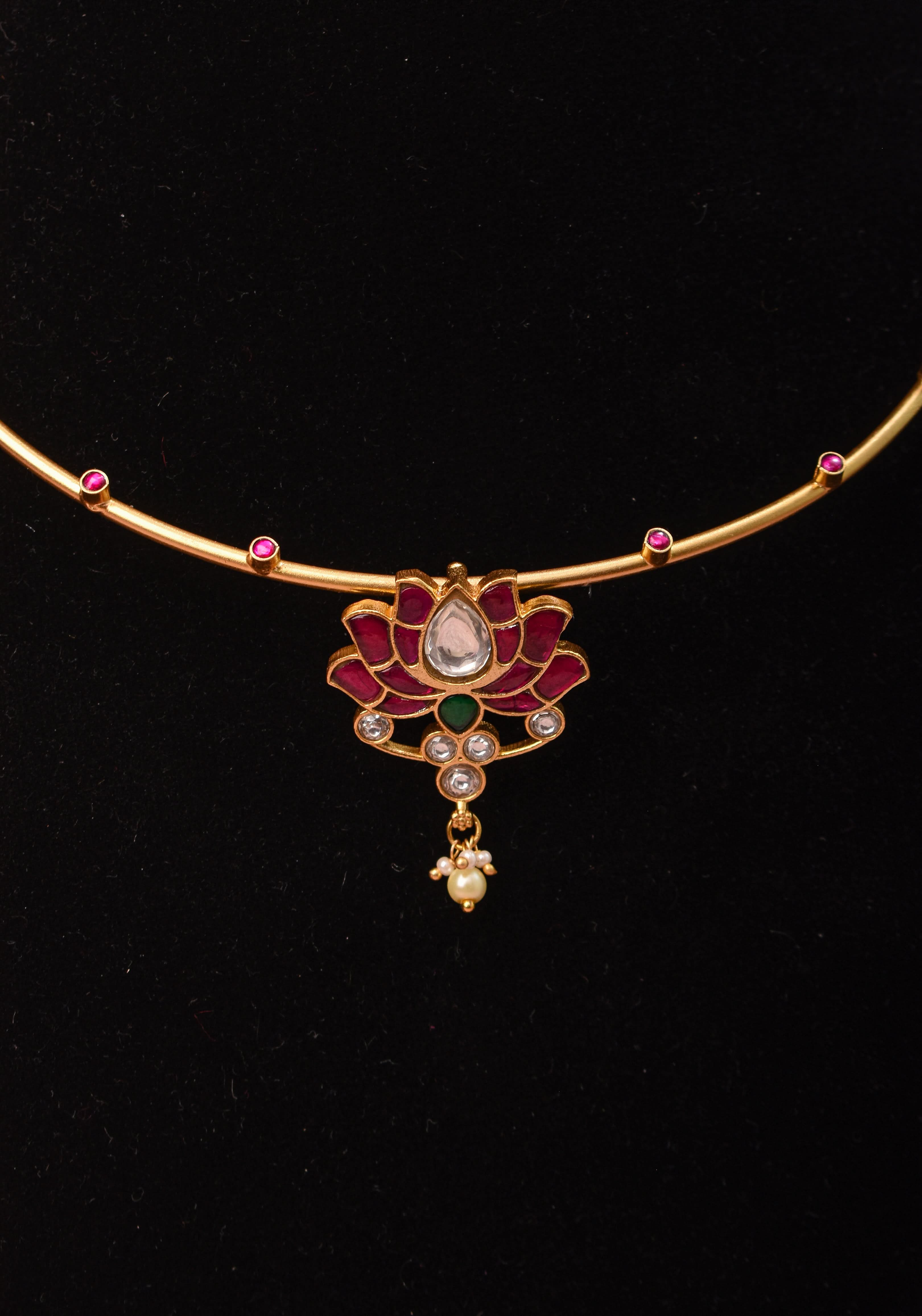 Double Lotus Minimalistic Wire base necklace and earring Set Pink,White and Green Stones | Shobitam Jewelry