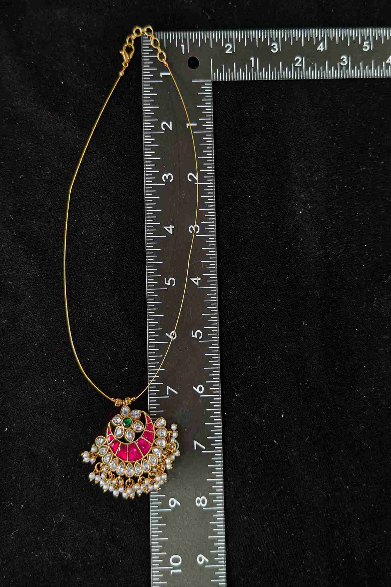 Invisible wire design Padakkam Pendant with Jadau Pink,Green and white stone Dangling Pearls
