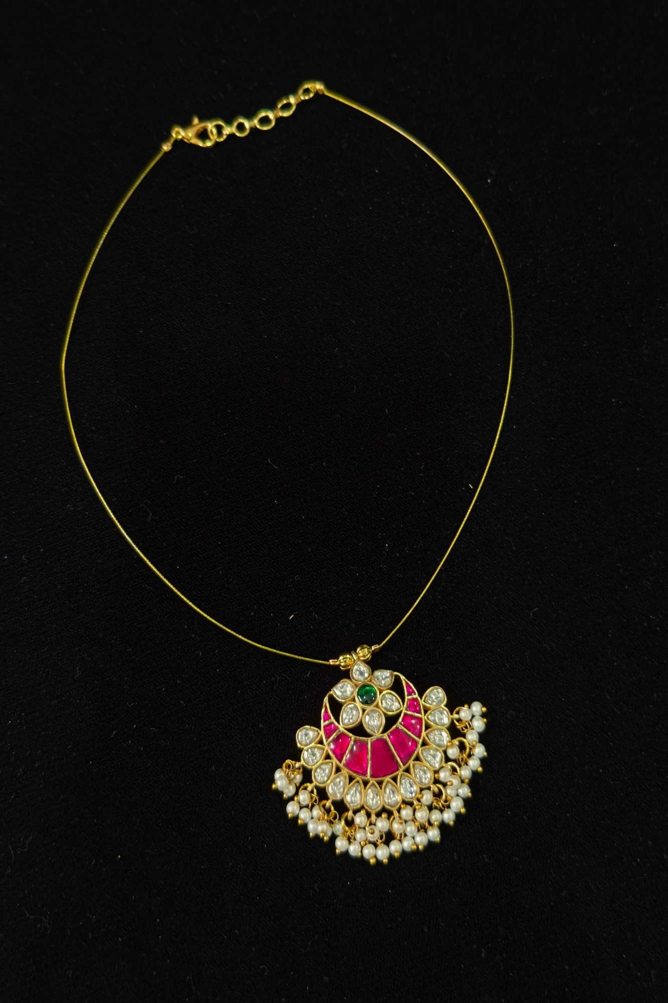 Invisible wire design Padakkam Pendant with Jadau Pink,Green and white stone Dangling Pearls