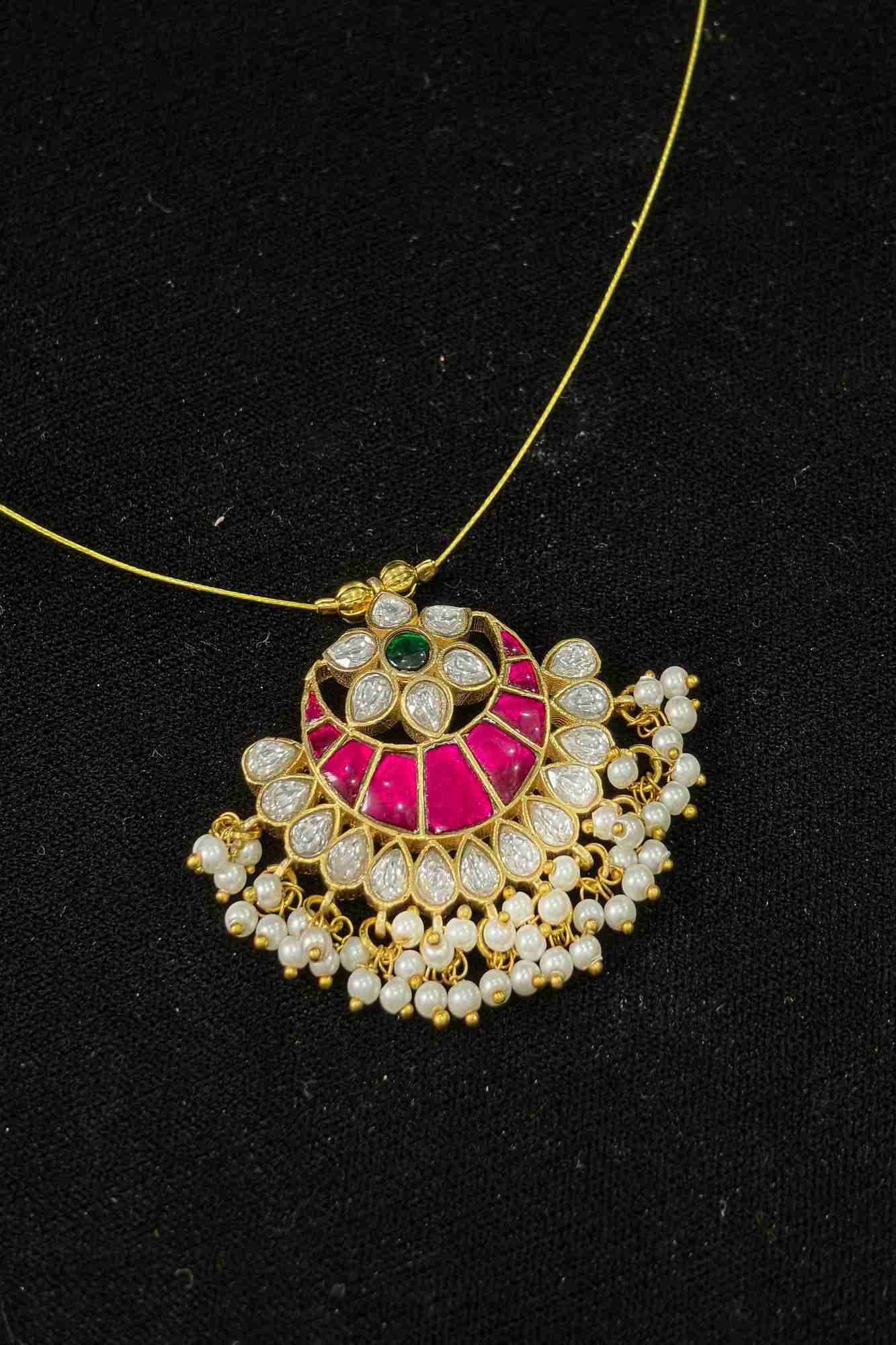 Invisible wire design Padakkam Pendant with Jadau Pink,Green and white stone Dangling Pearls