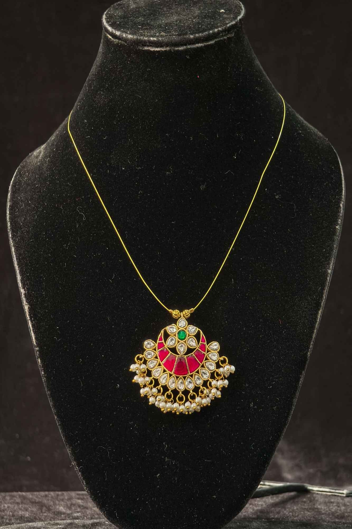 Invisible wire design Padakkam Pendant with Jadau Pink,Green and white stone Dangling Pearls