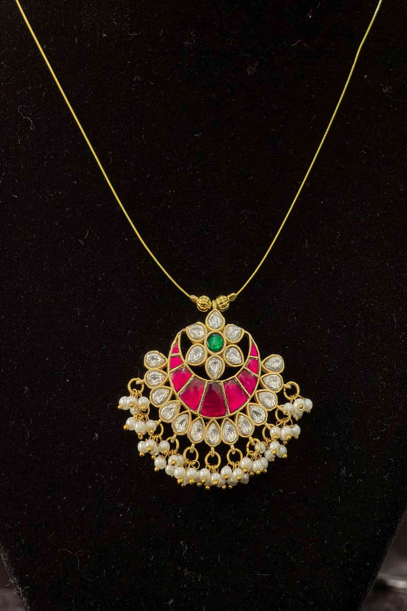 Invisible wire design Padakkam Pendant with Jadau Pink,Green and white stone Dangling Pearls