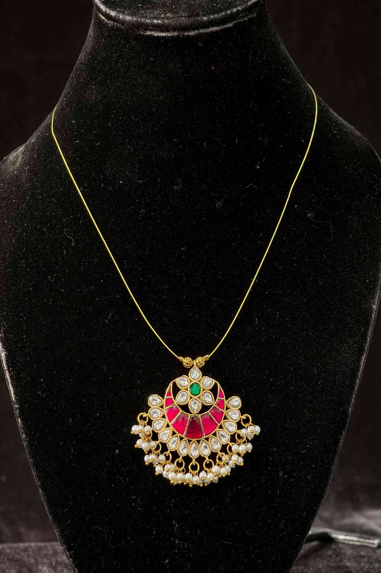 Invisible wire design Padakkam Pendant with Jadau Pink,Green and white stone Dangling Pearls