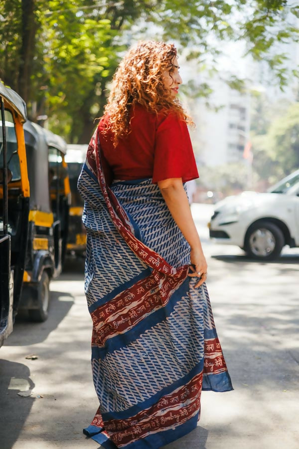 Bombay ki Baarish Dabu Block Printed Indigo Cotton Saree | Shobitam