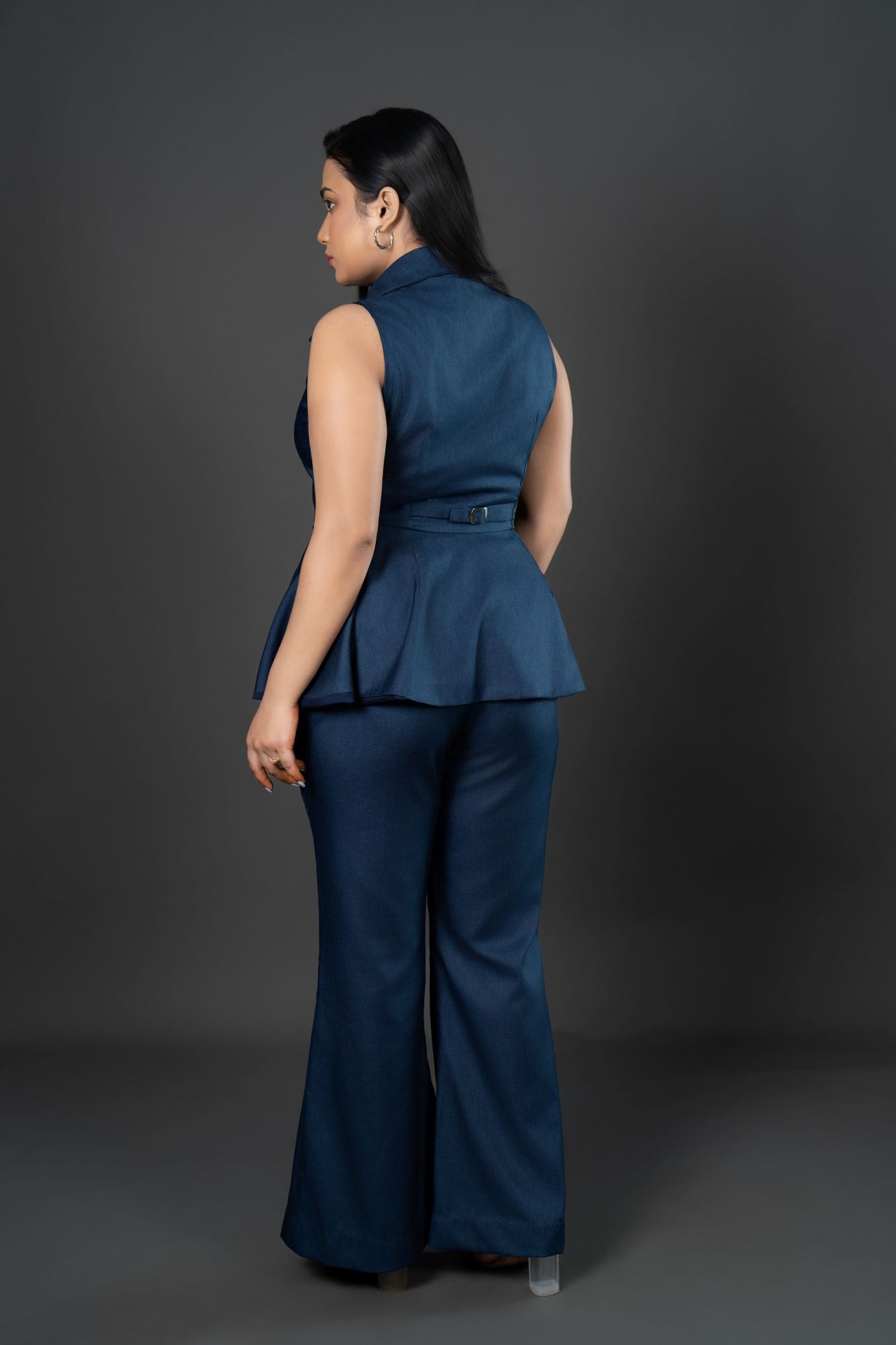 Sleeveless Waistcoat-Style Top with Structured Collar and Peplum Flare Navy Waistcoat