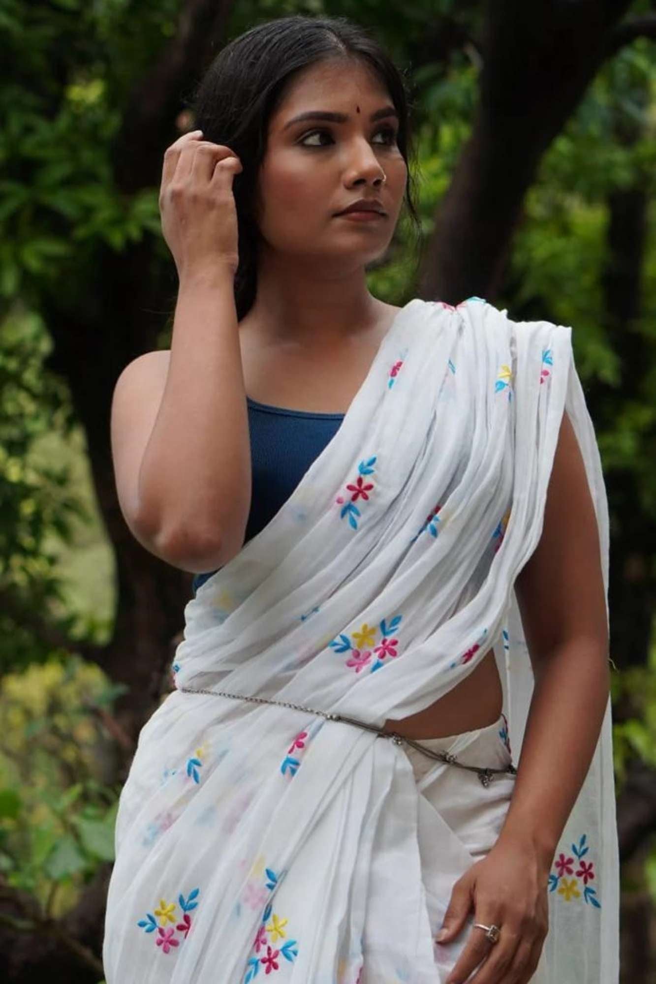 White Mulmul Cotton with Floral Embroidery & Tassels Ready To Wear Saree