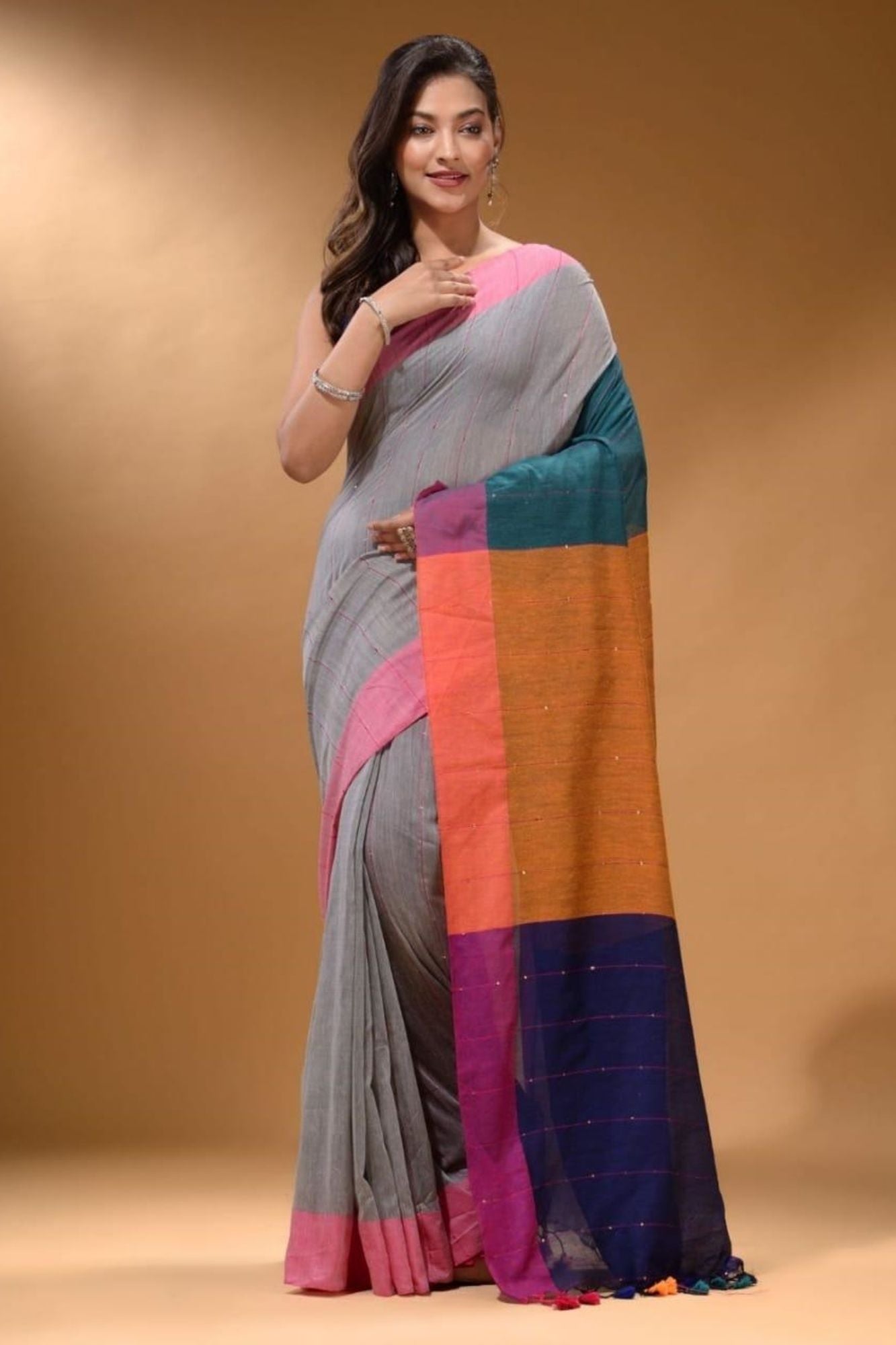 Grey Khadi Cotton with Sequin Embellishment & Vibrant Multicolour Pallu Ready To Wear Saree