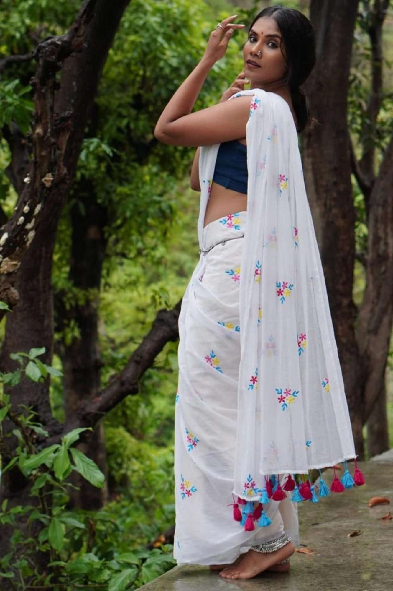 White Mulmul Cotton with Floral Embroidery & Tassels Ready To Wear Saree