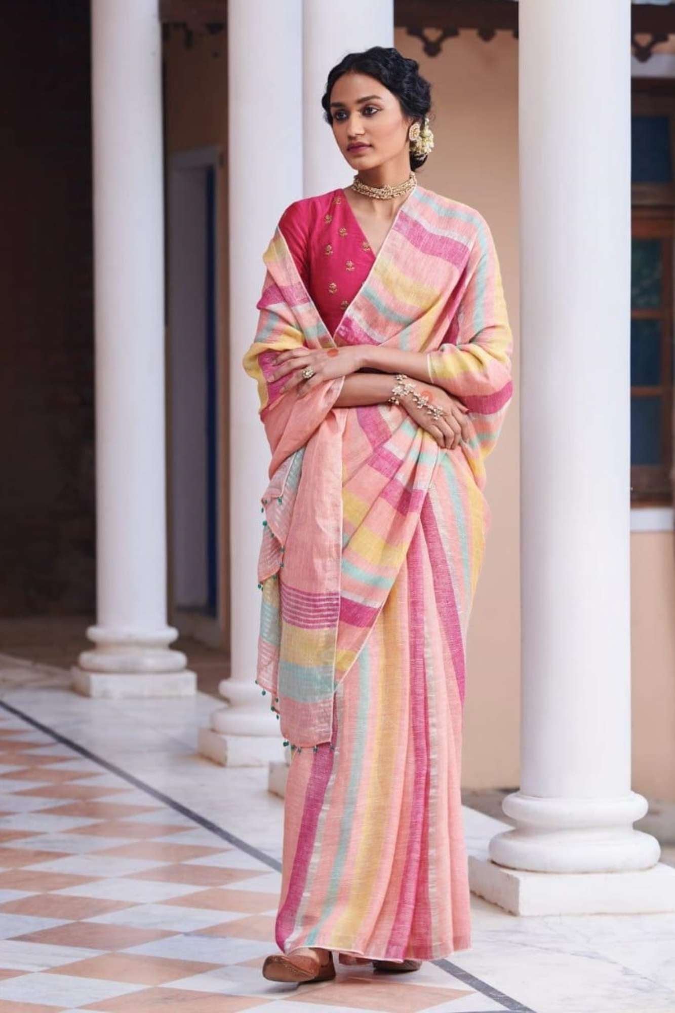 Multicolored Handwoven Linen with Beaded Pallu Ready To Wear Saree