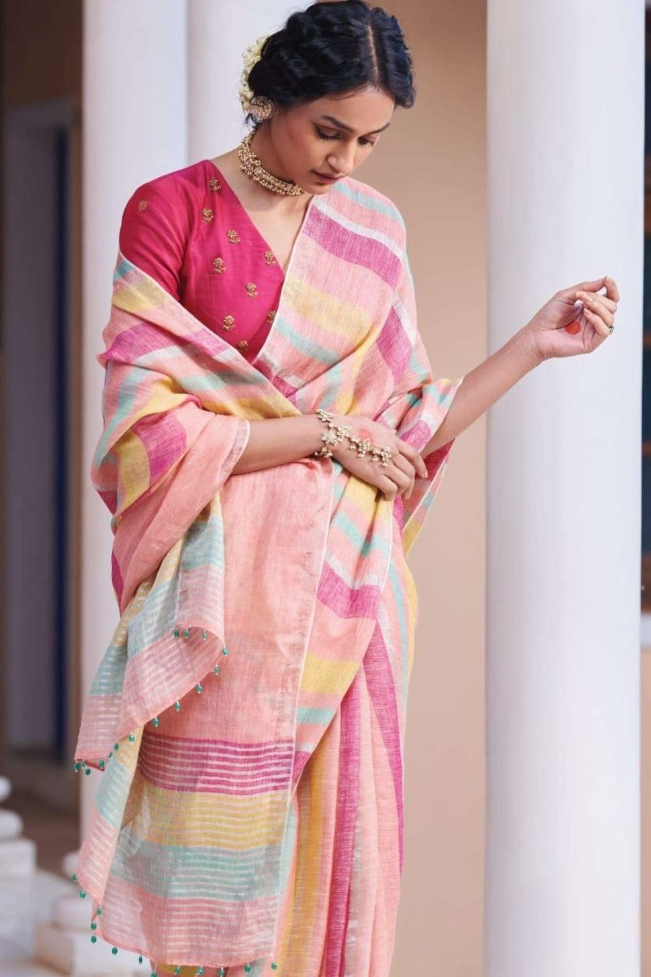 Multicolored Handwoven Linen with Beaded Pallu Ready To Wear Saree