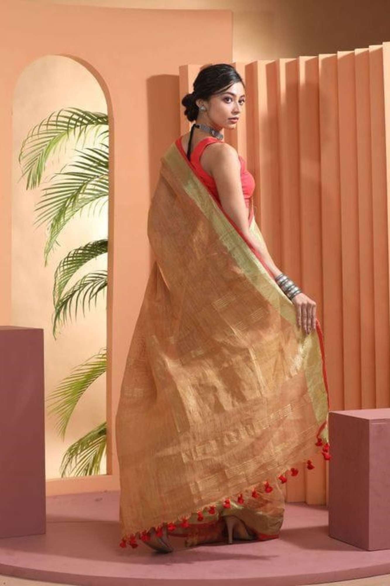 Beige & Red Pure Linen Zari Work with Tassels on Pallu Ready To Wear Saree