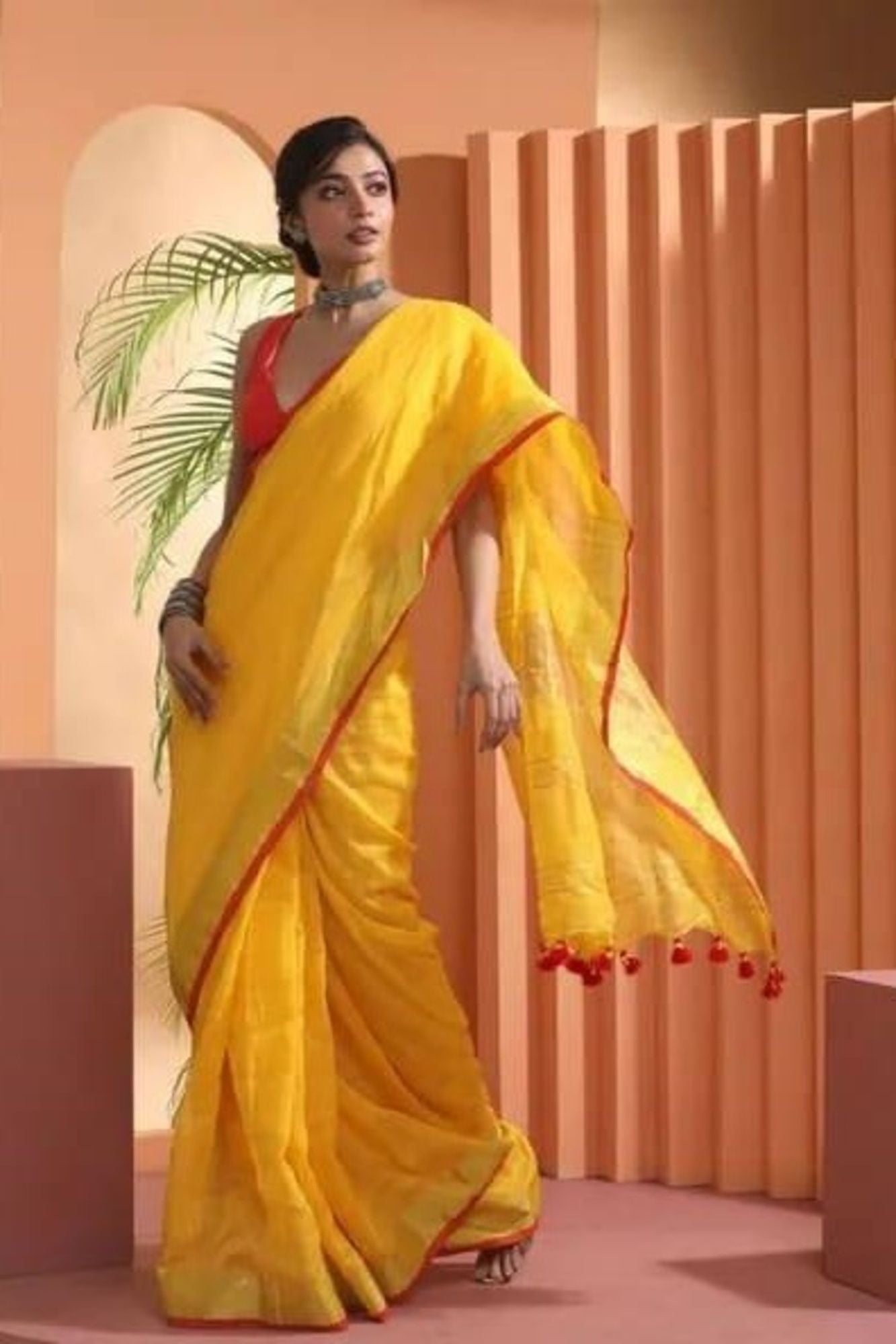 Pure Linen Ready to Wear Saree with striking red border