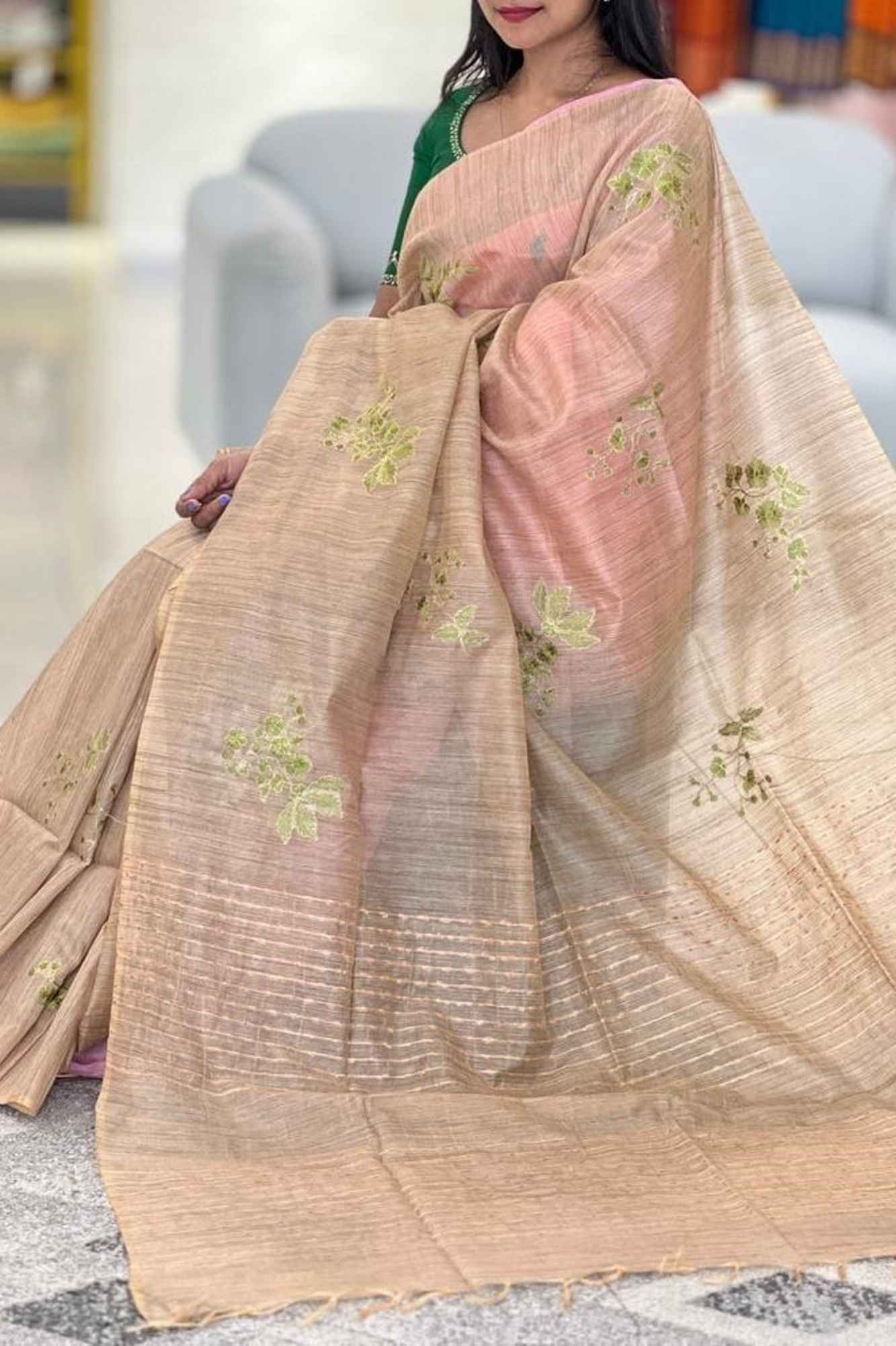 Basawad Silk Floral in Soft Brown-Pink with Designer Pallu Ready To Wear Saree