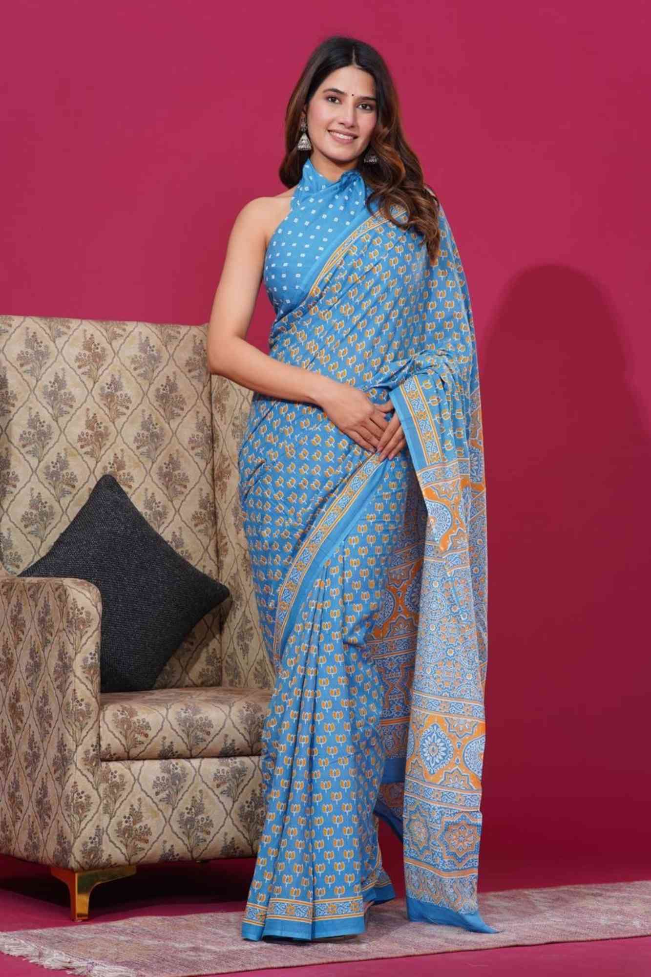 Light Blue Cotton Saree with Floral Hand Block Print Ready To Wear Saree