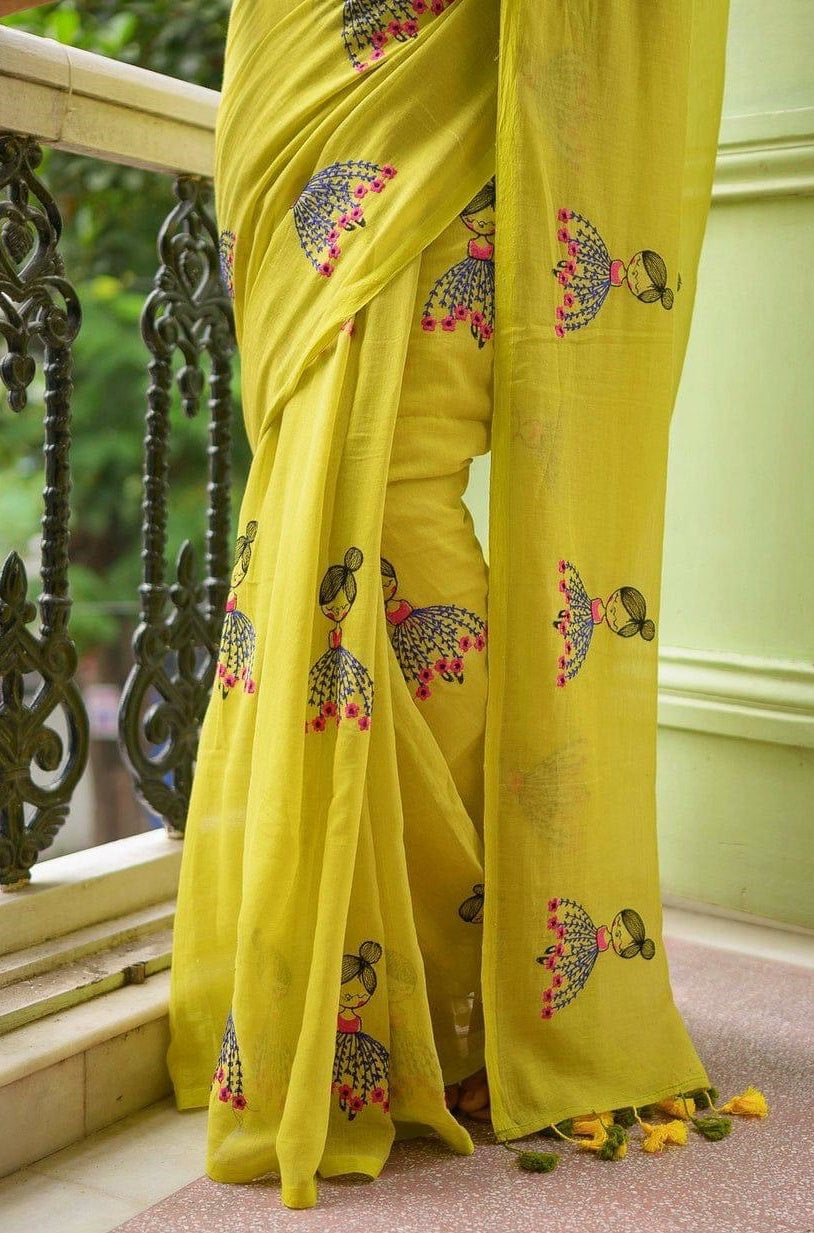 Mul Mul Cotton with Traditional Weaving & Exquisite Embroidery Ready To Wear Saree