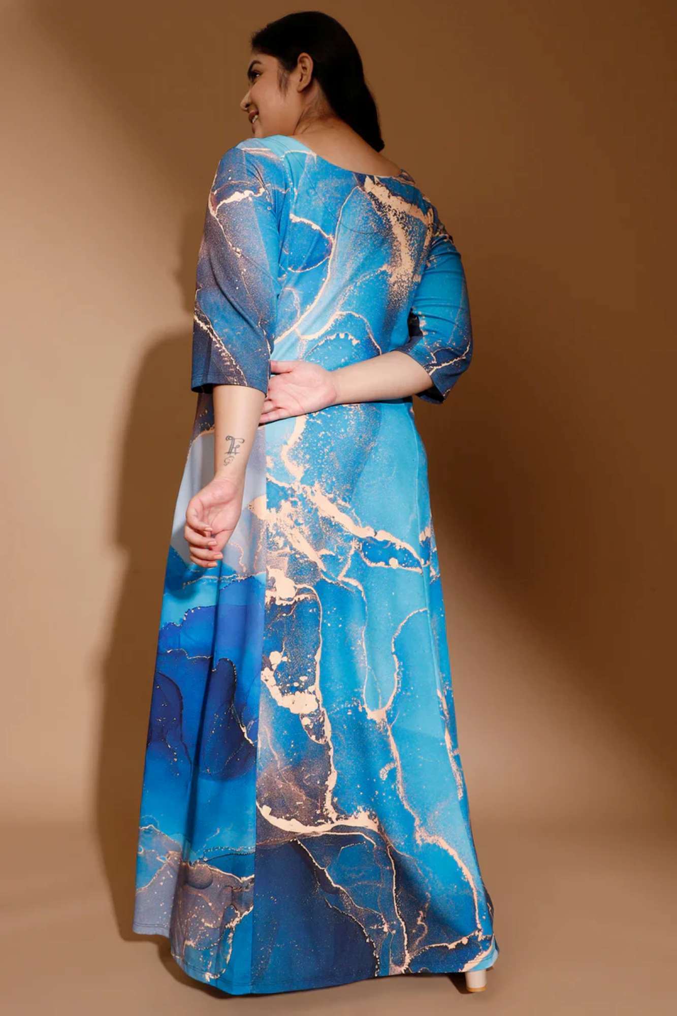Golddust Printed Blue Plus Size Maxi Dress in Polyester Spandex Fabric for Women | Made to Order