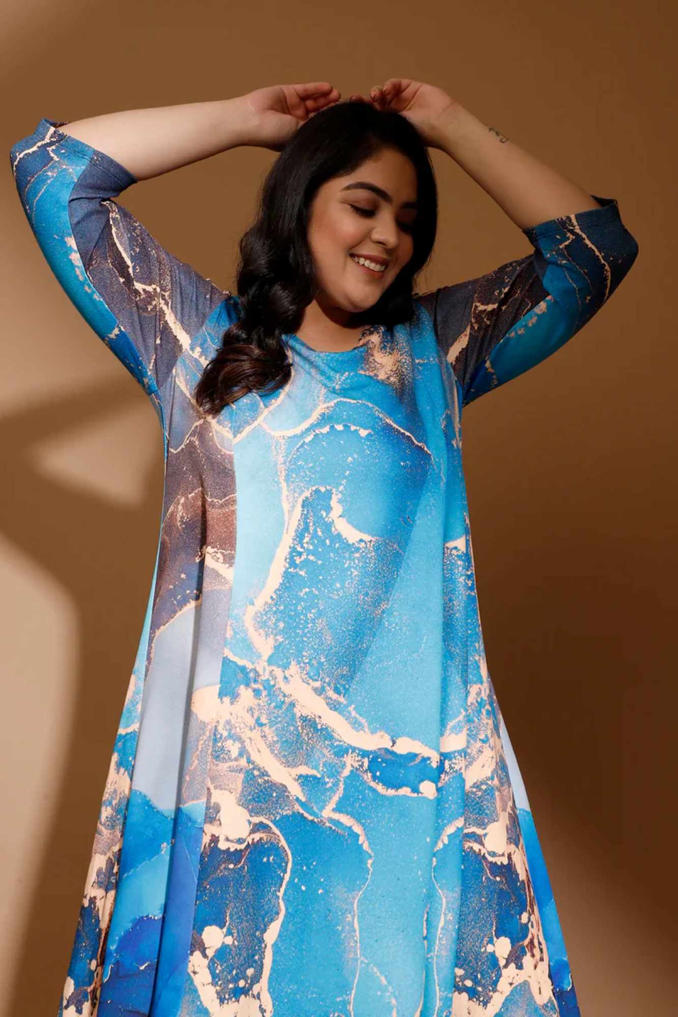 Golddust Printed Blue Plus Size Maxi Dress in Polyester Spandex Fabric for Women | Made to Order
