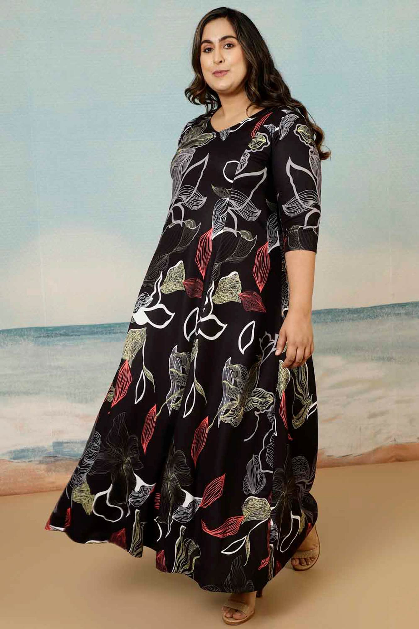 Black Floral Plus Size Dress in Polyester Spandex Fabric for Women | Made to Order