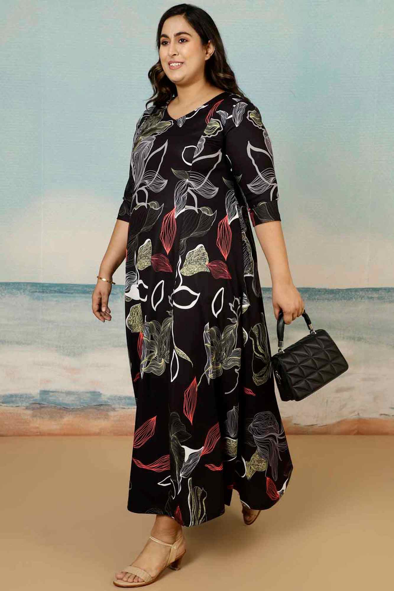 Black Floral Plus Size Dress in Polyester Spandex Fabric for Women | Made to Order