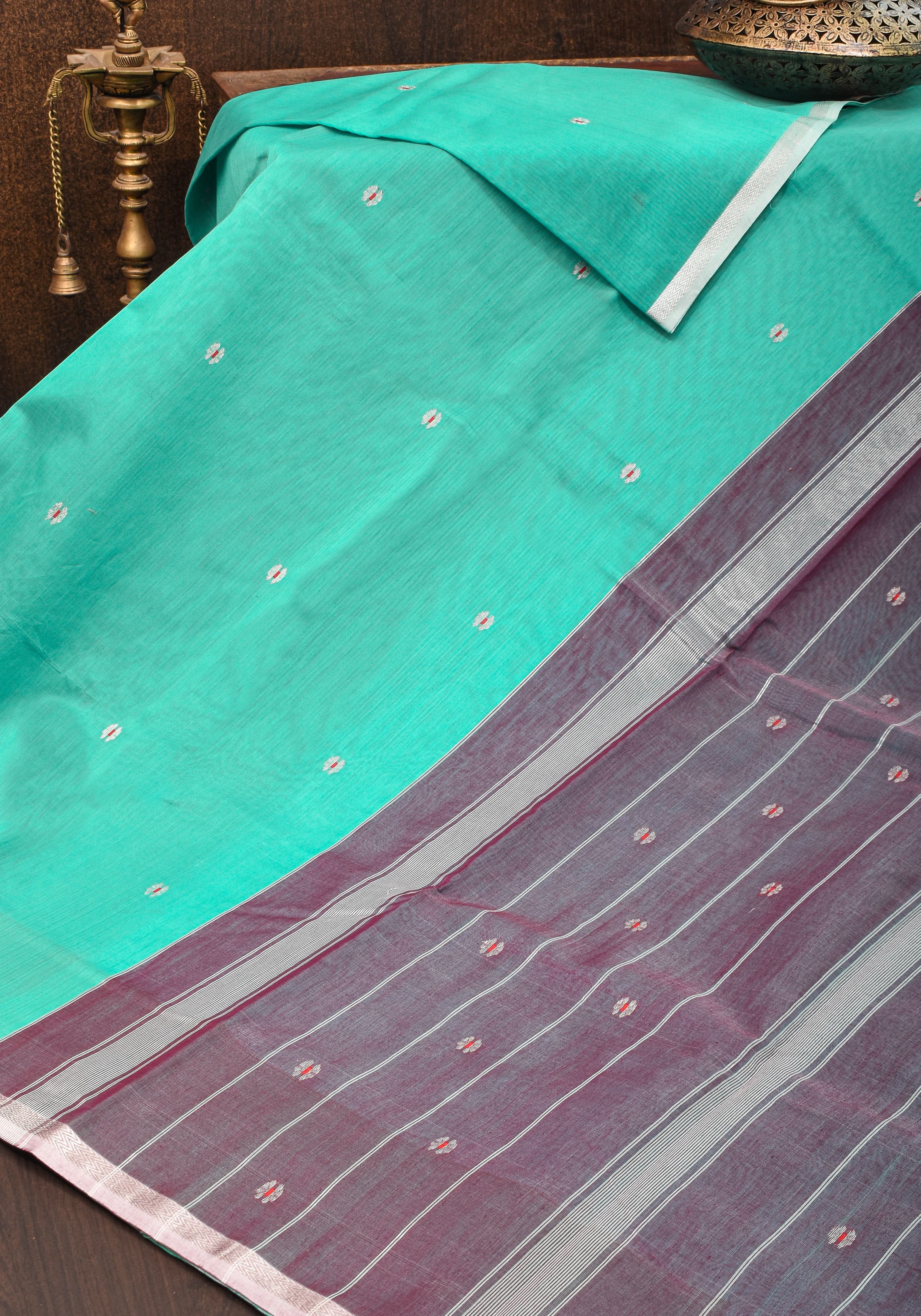 Handwoven Maheshwari Silk Cotton Saree in Teal with minimal zari borders| Sarees By Shobitam