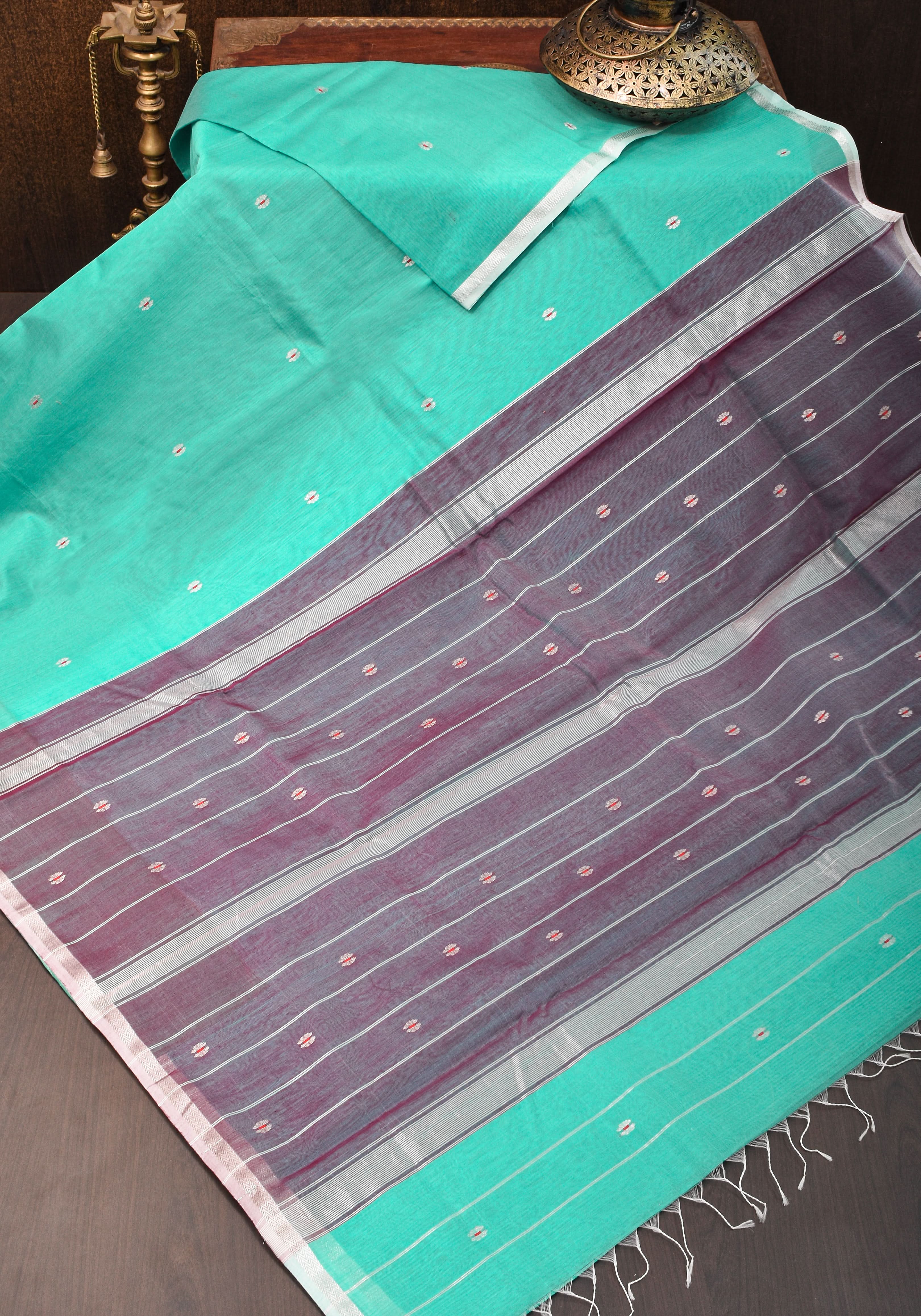 Handwoven Maheshwari Silk Cotton Saree in Teal with minimal zari borders| Sarees By Shobitam