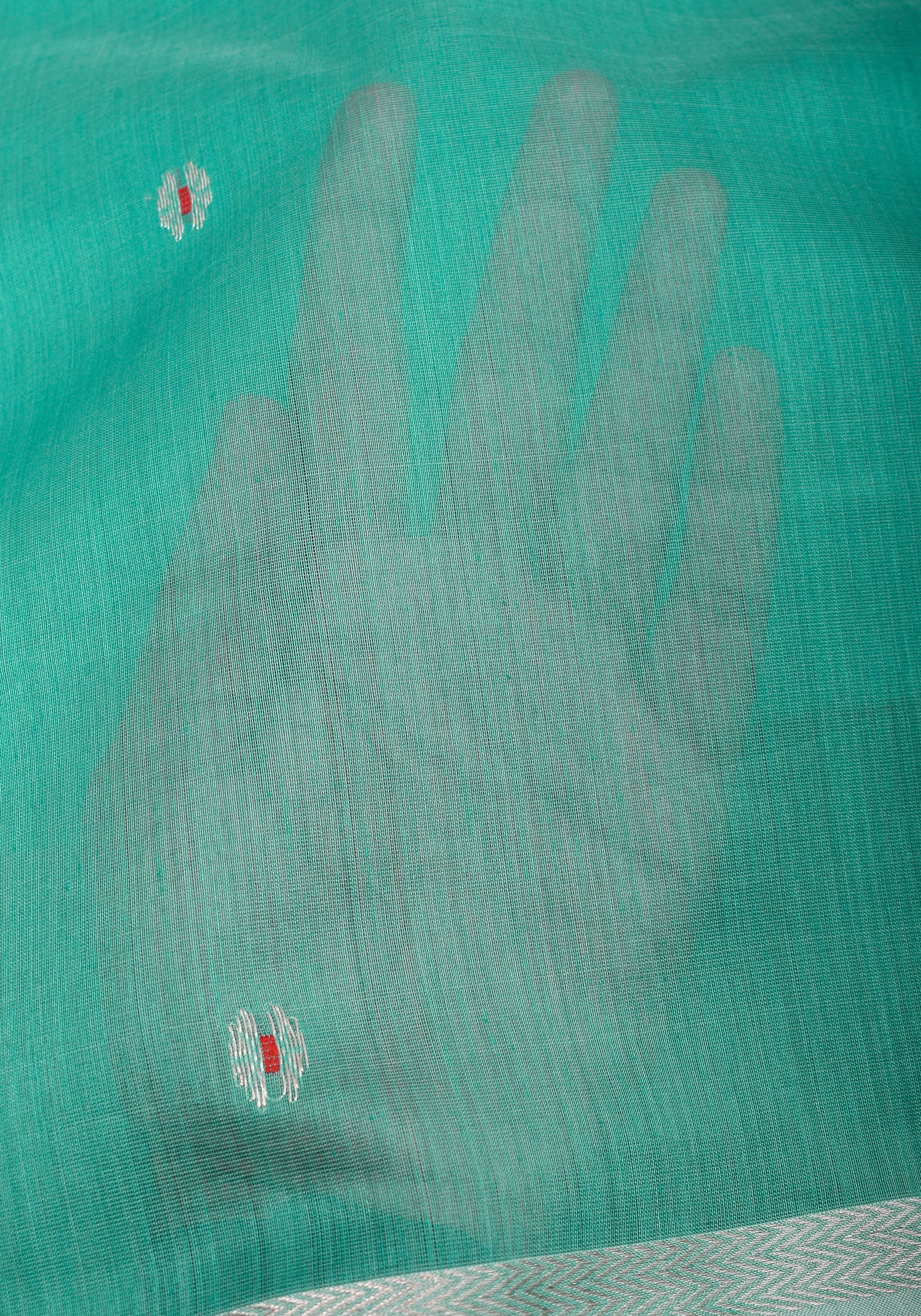 Handwoven Maheshwari Silk Cotton Saree in Teal with minimal zari borders| Sarees By Shobitam