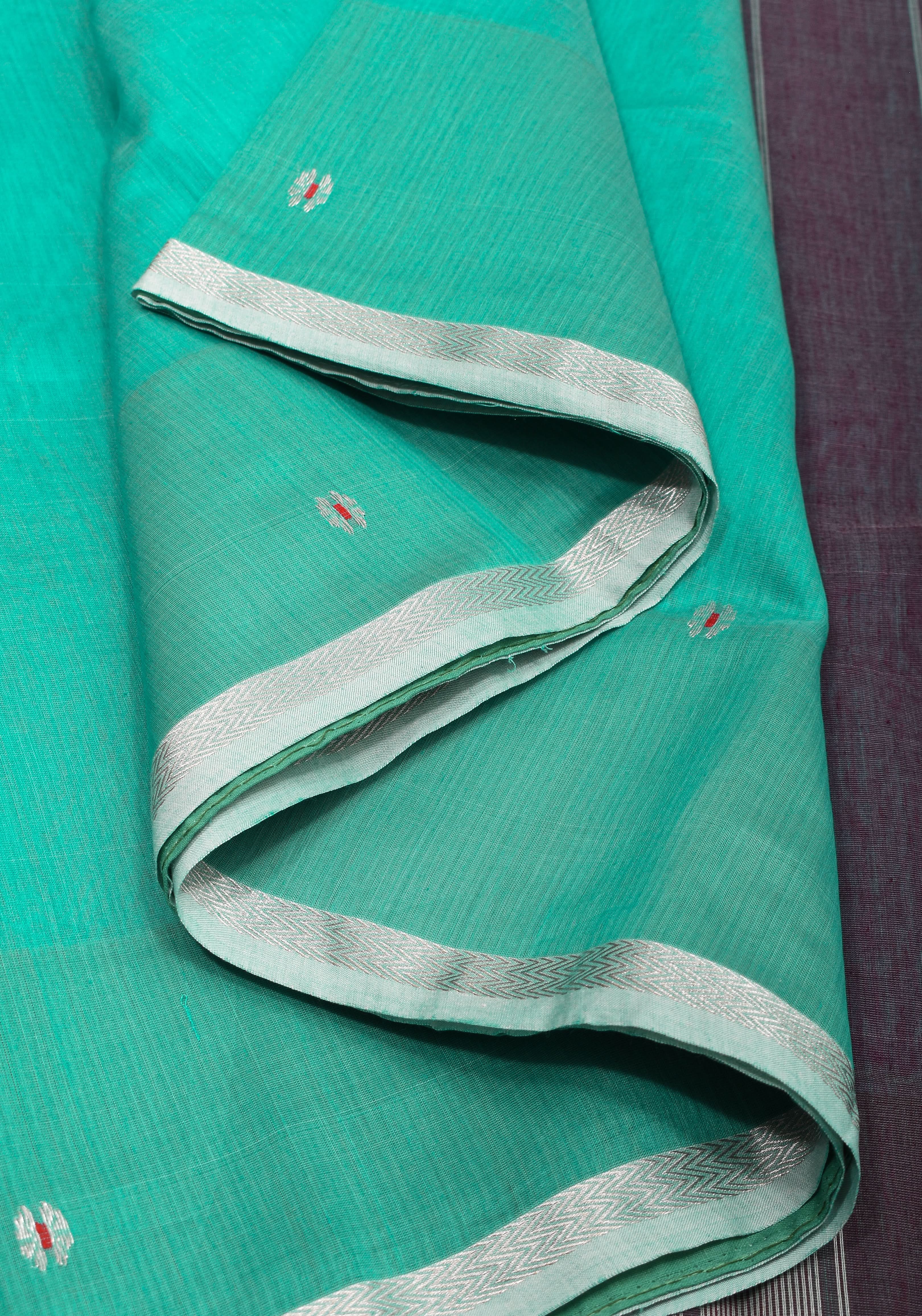 Handwoven Maheshwari Silk Cotton Saree in Teal with minimal zari borders| Sarees By Shobitam