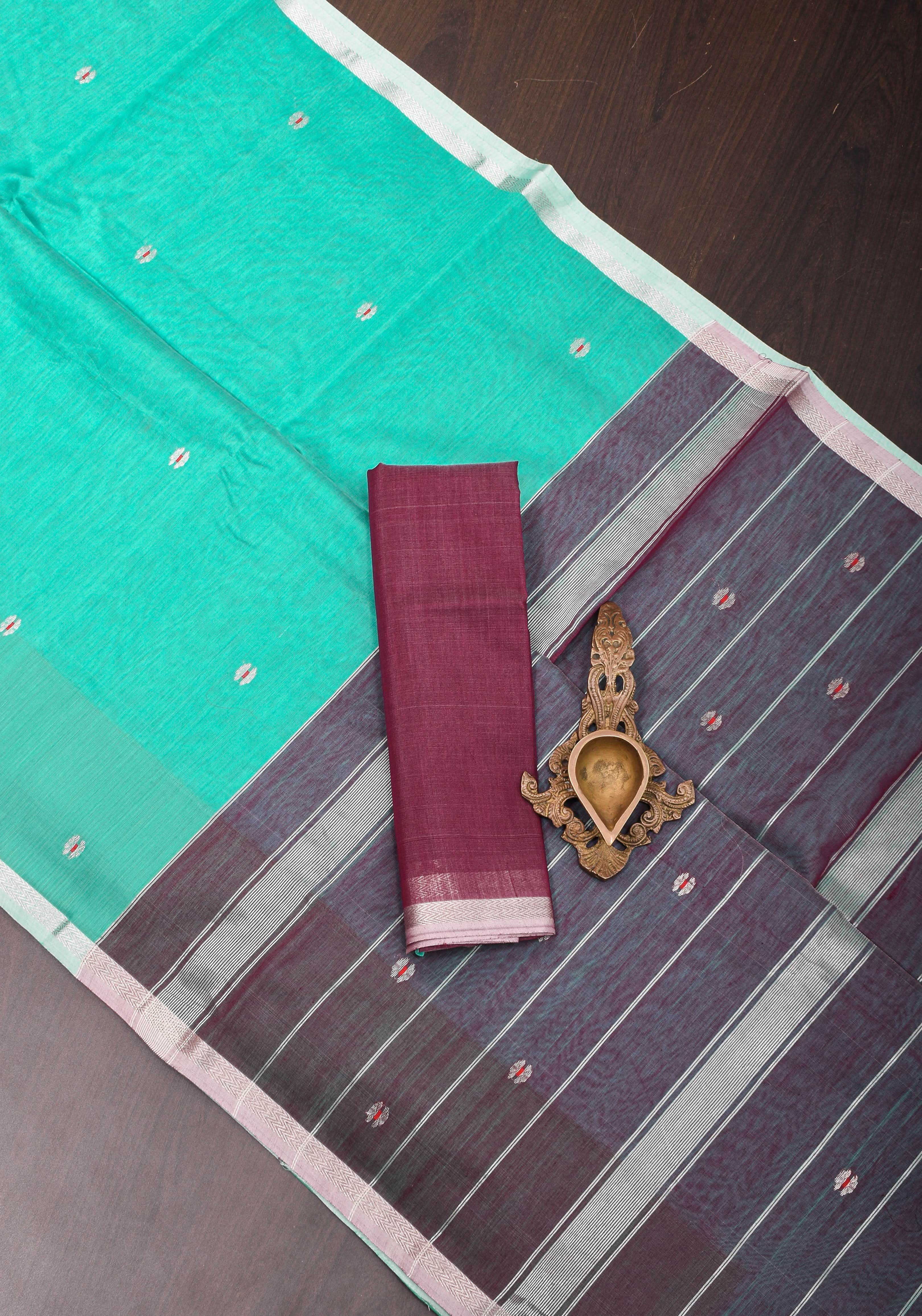 Handwoven Maheshwari Silk Cotton Saree in Teal with minimal zari borders| Sarees By Shobitam