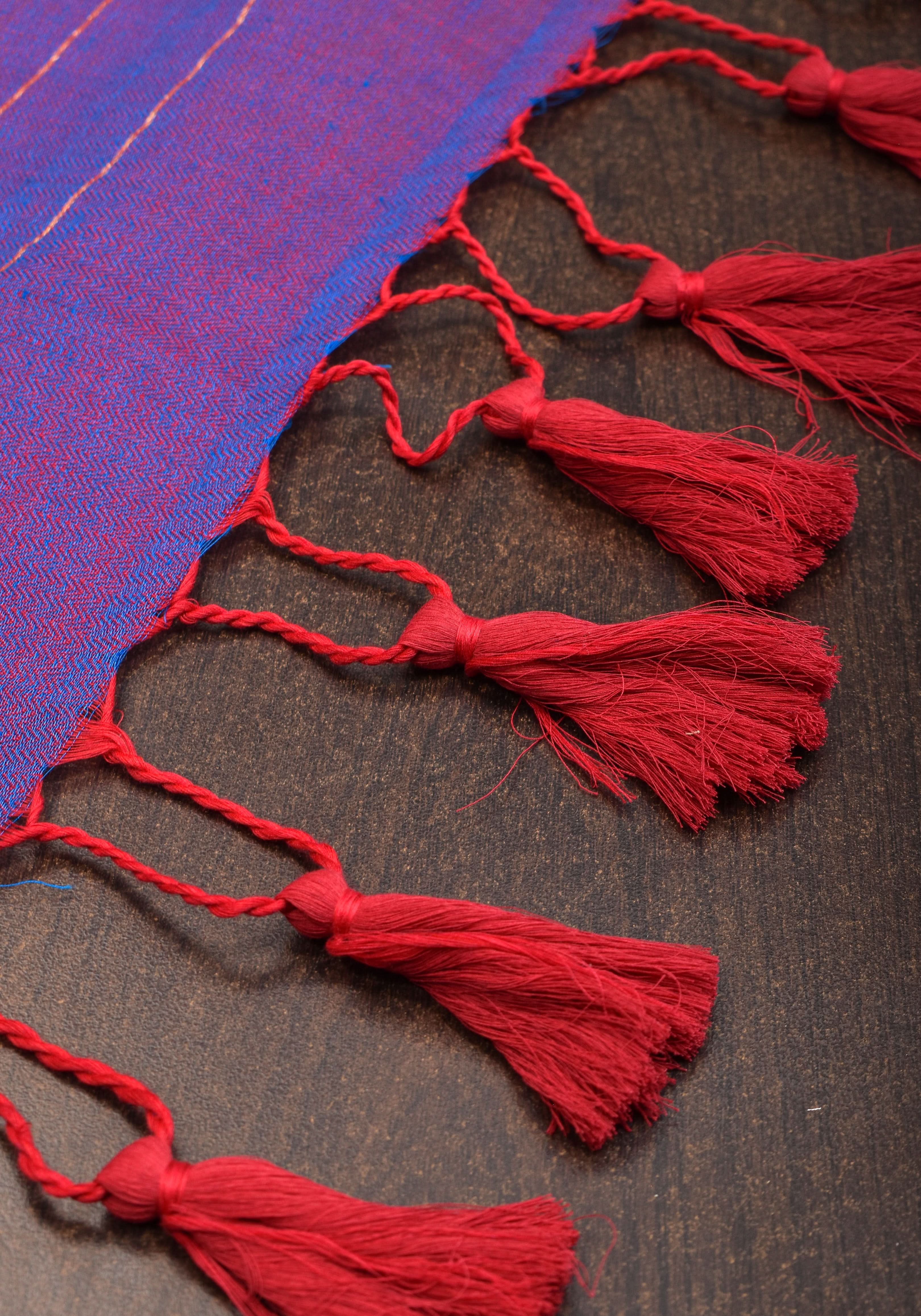 Reversible Maheshwari Saree in Mercerised Cotton with Extra Long tassles in Purple, no blouse Piece | Shobitam