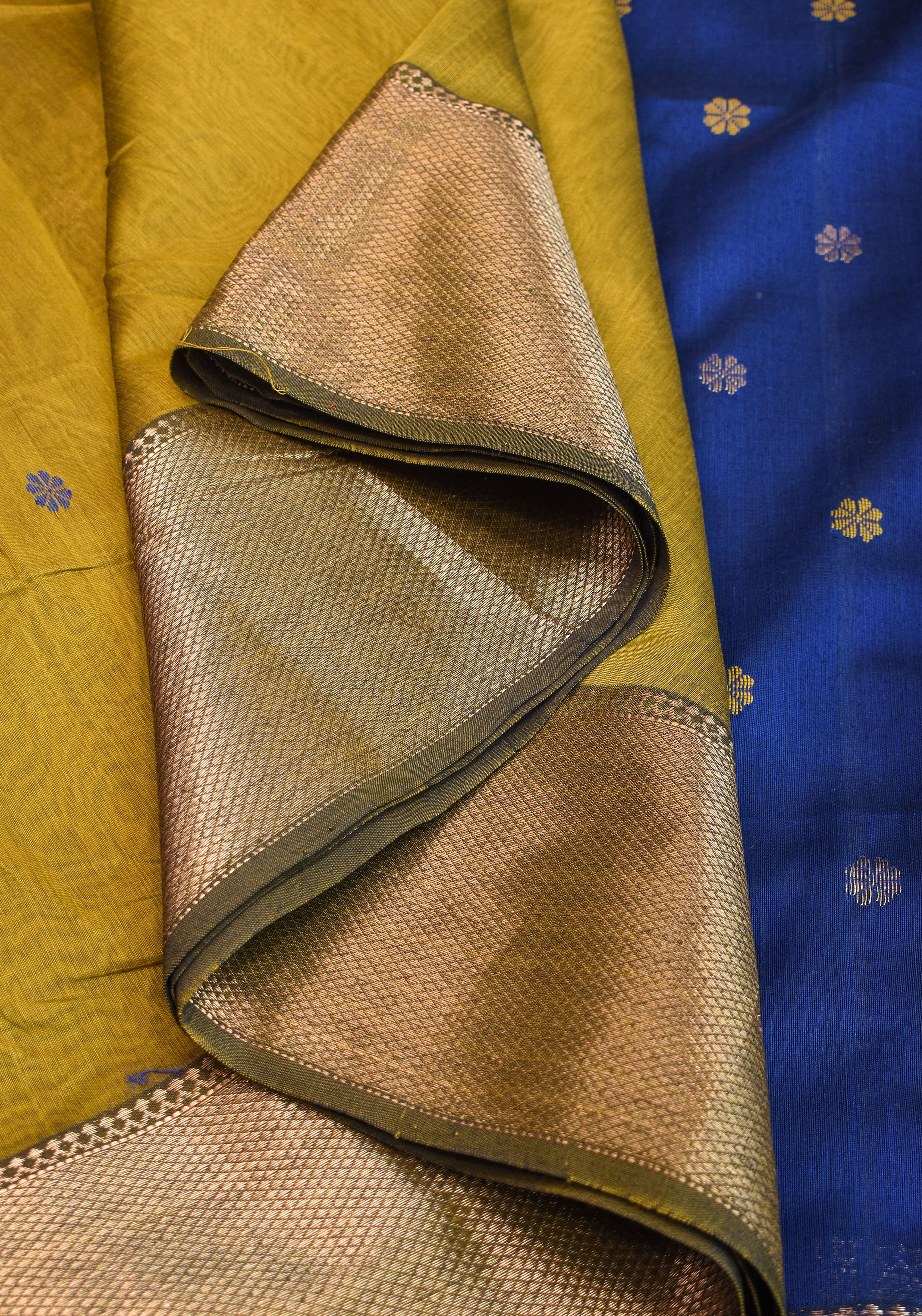 Handwoven Maheshwari Silk Cotton Saree in Moss Green with zari borders | Shobitam