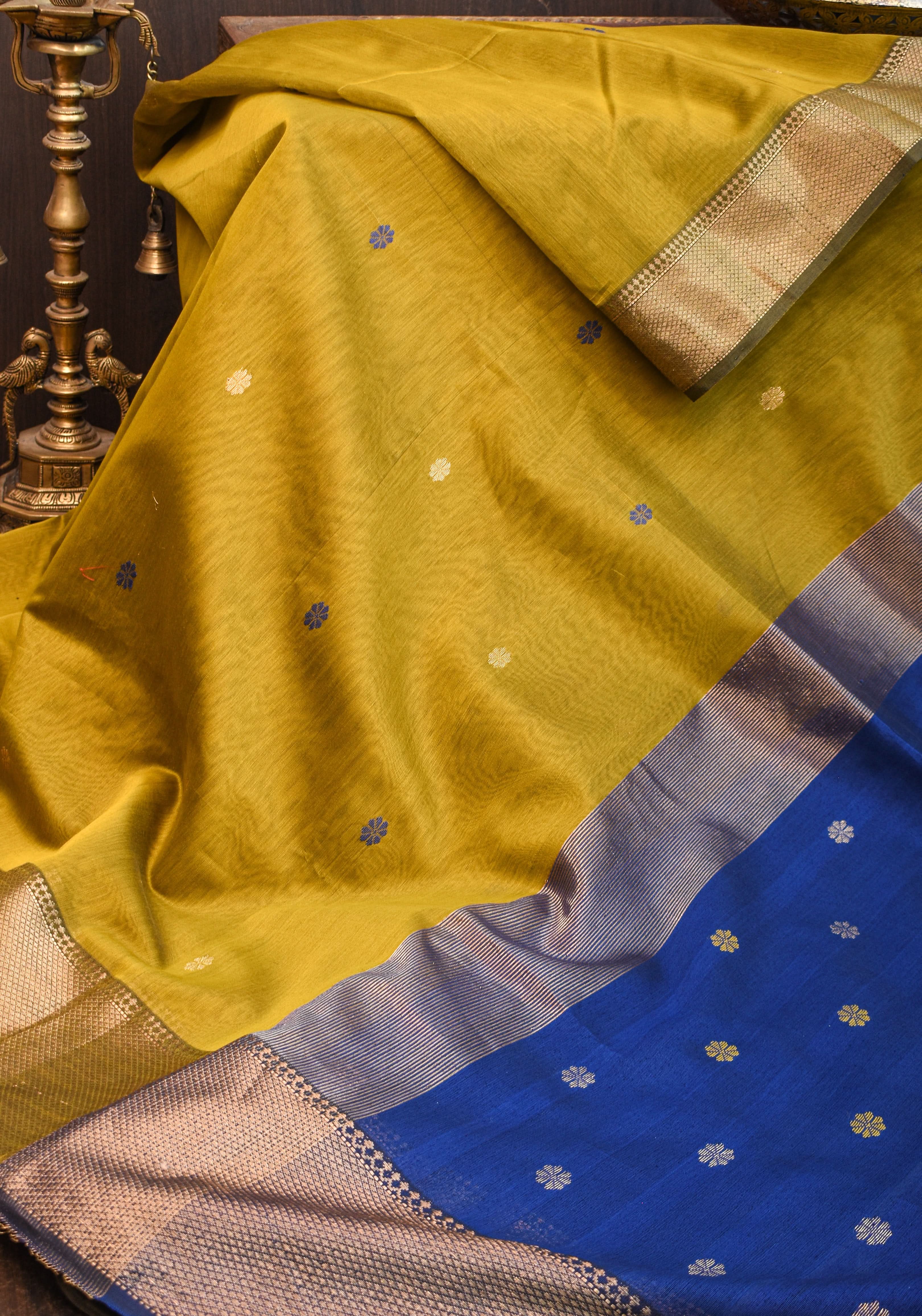 Handwoven Maheshwari Silk Cotton Saree in Moss Green with zari borders | Shobitam