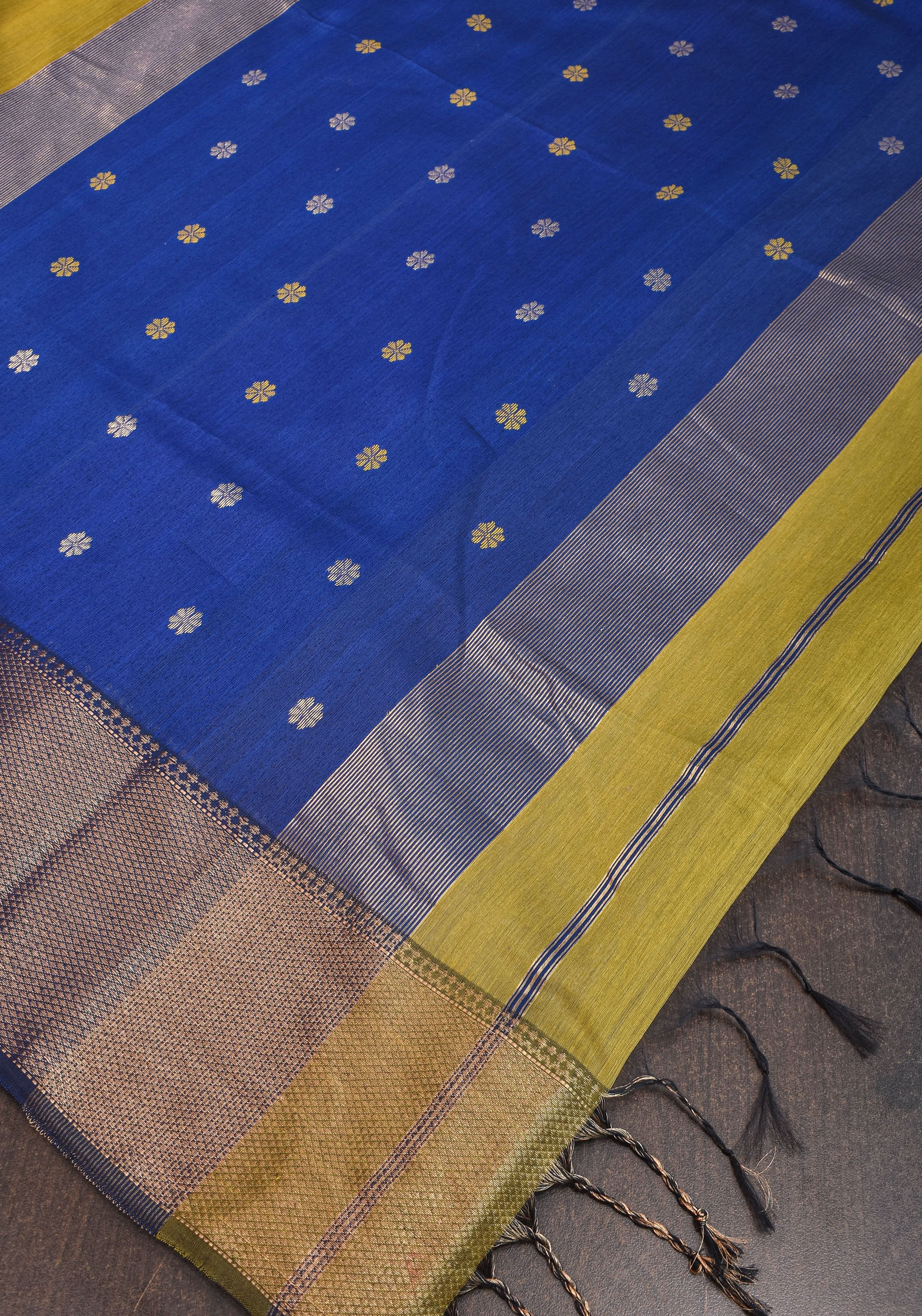 Handwoven Maheshwari Silk Cotton Saree in Moss Green with zari borders | Shobitam