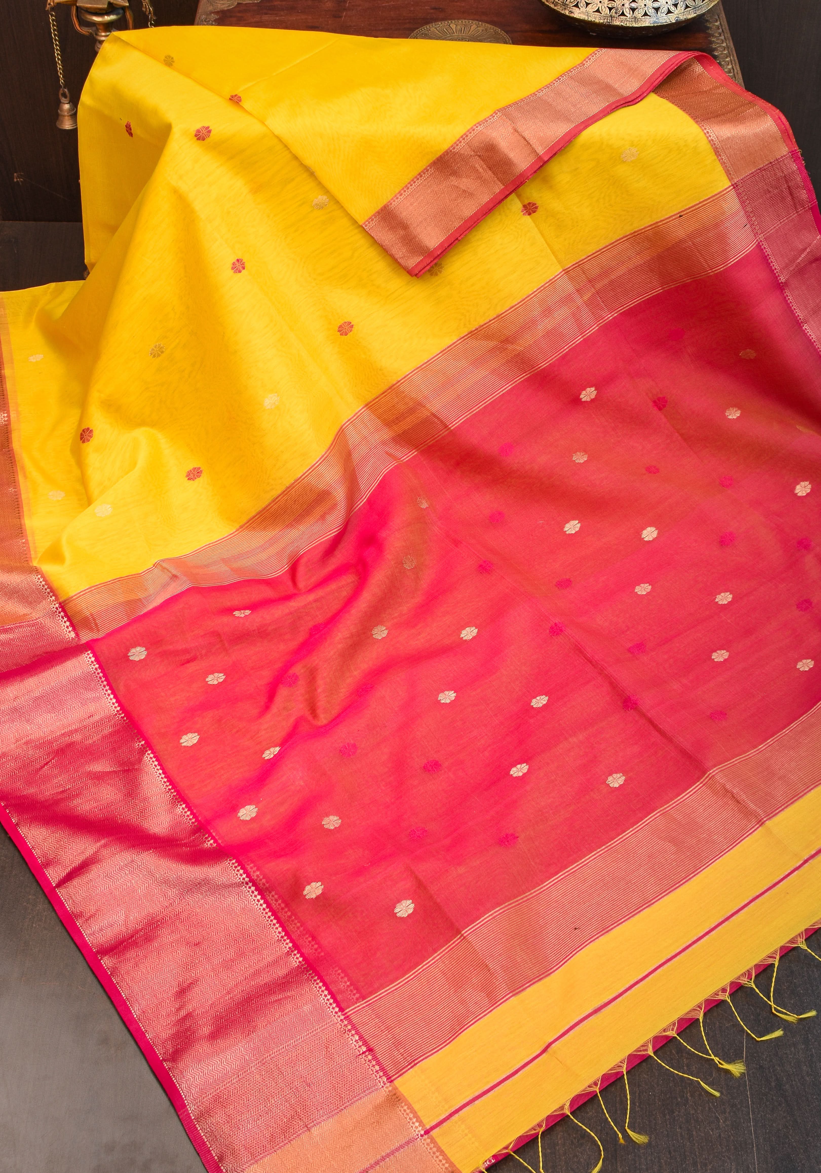 Handwoven Maheshwari Silk Cotton Saree in Yellow and Pink with zari borders | Shobitam
