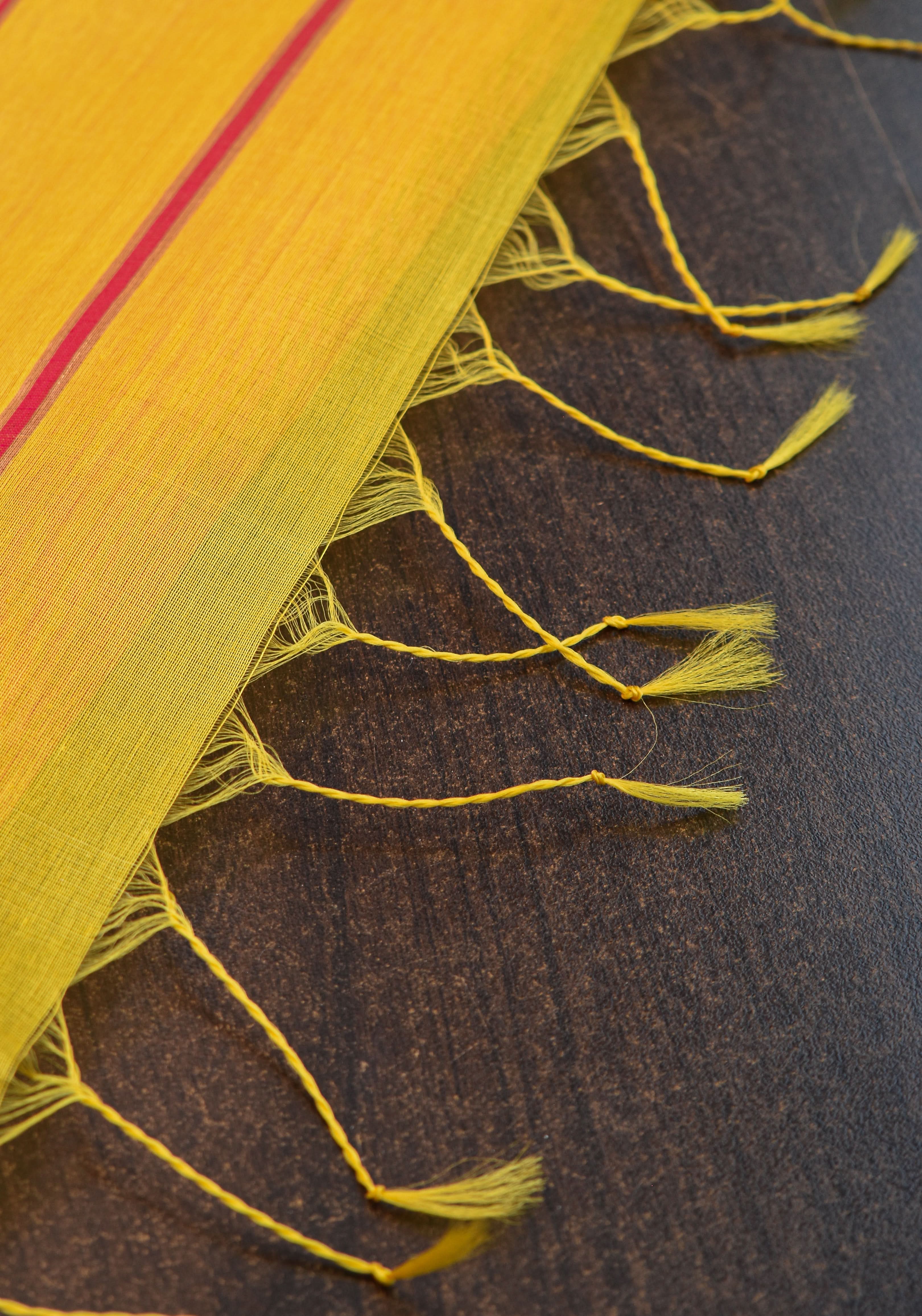 Handwoven Maheshwari Silk Cotton Saree in Yellow and Pink with zari borders | Shobitam