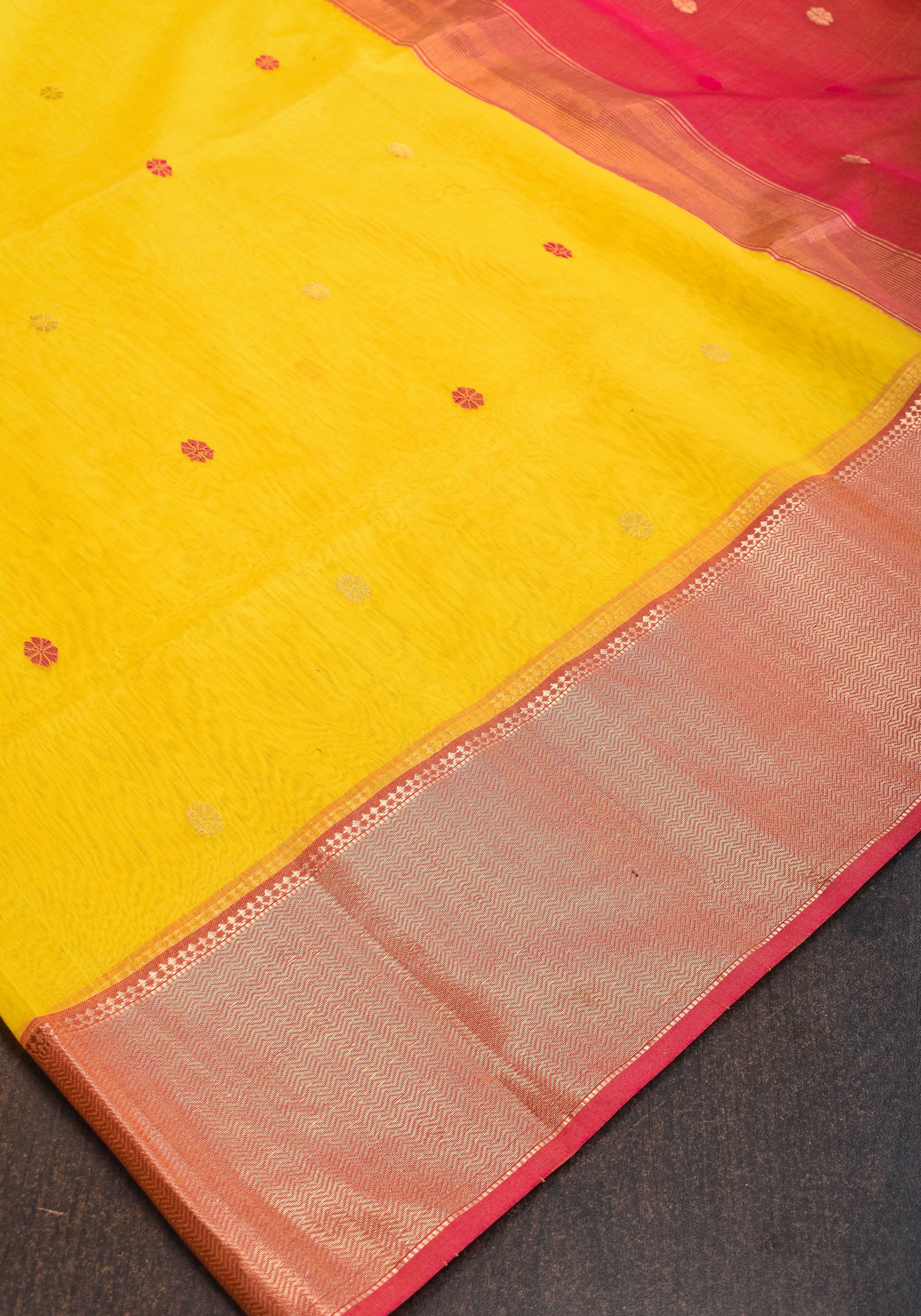 Handwoven Maheshwari Silk Cotton Saree in Yellow and Pink with zari borders | Shobitam