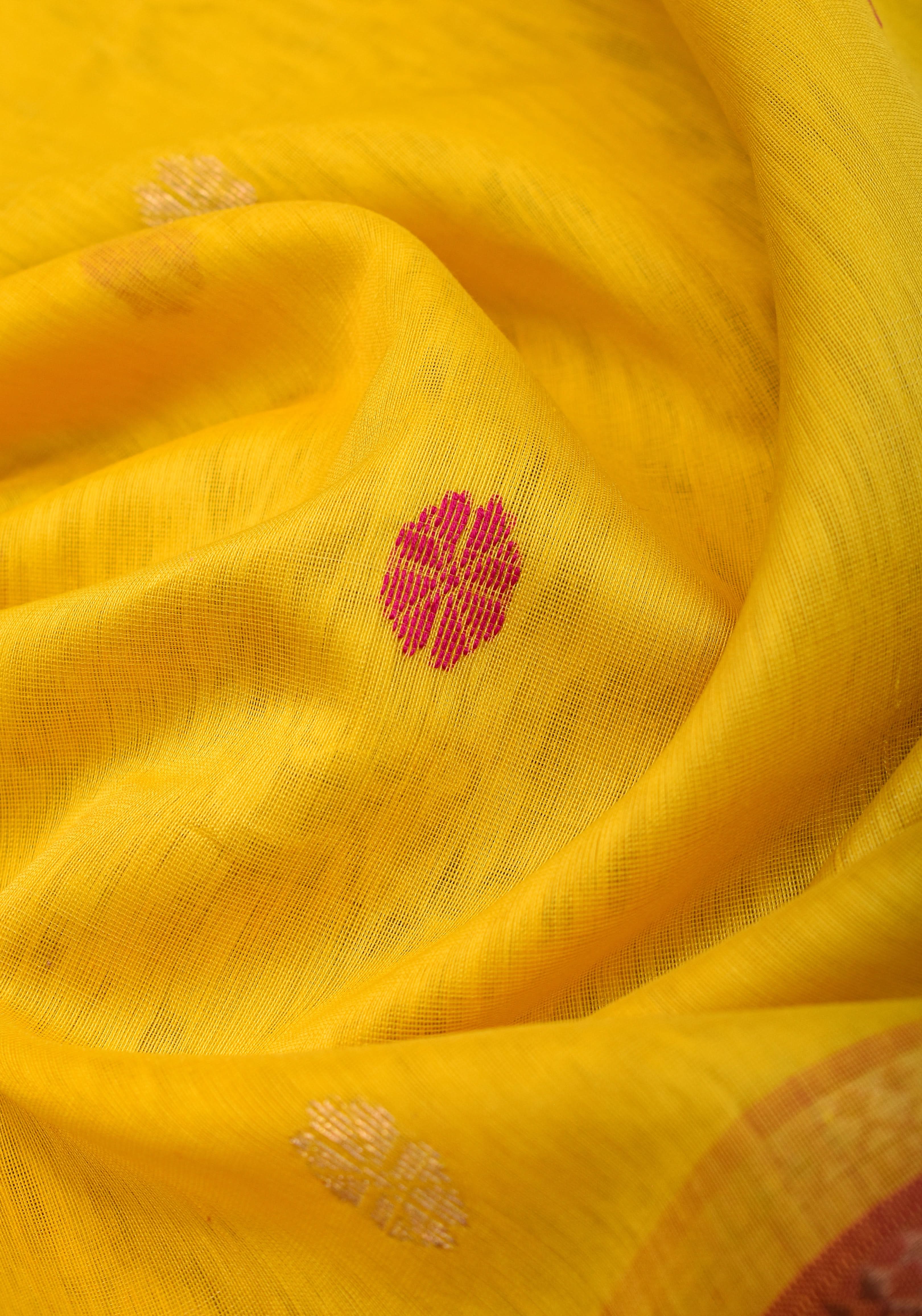 Handwoven Maheshwari Silk Cotton Saree in Yellow and Pink with zari borders | Shobitam