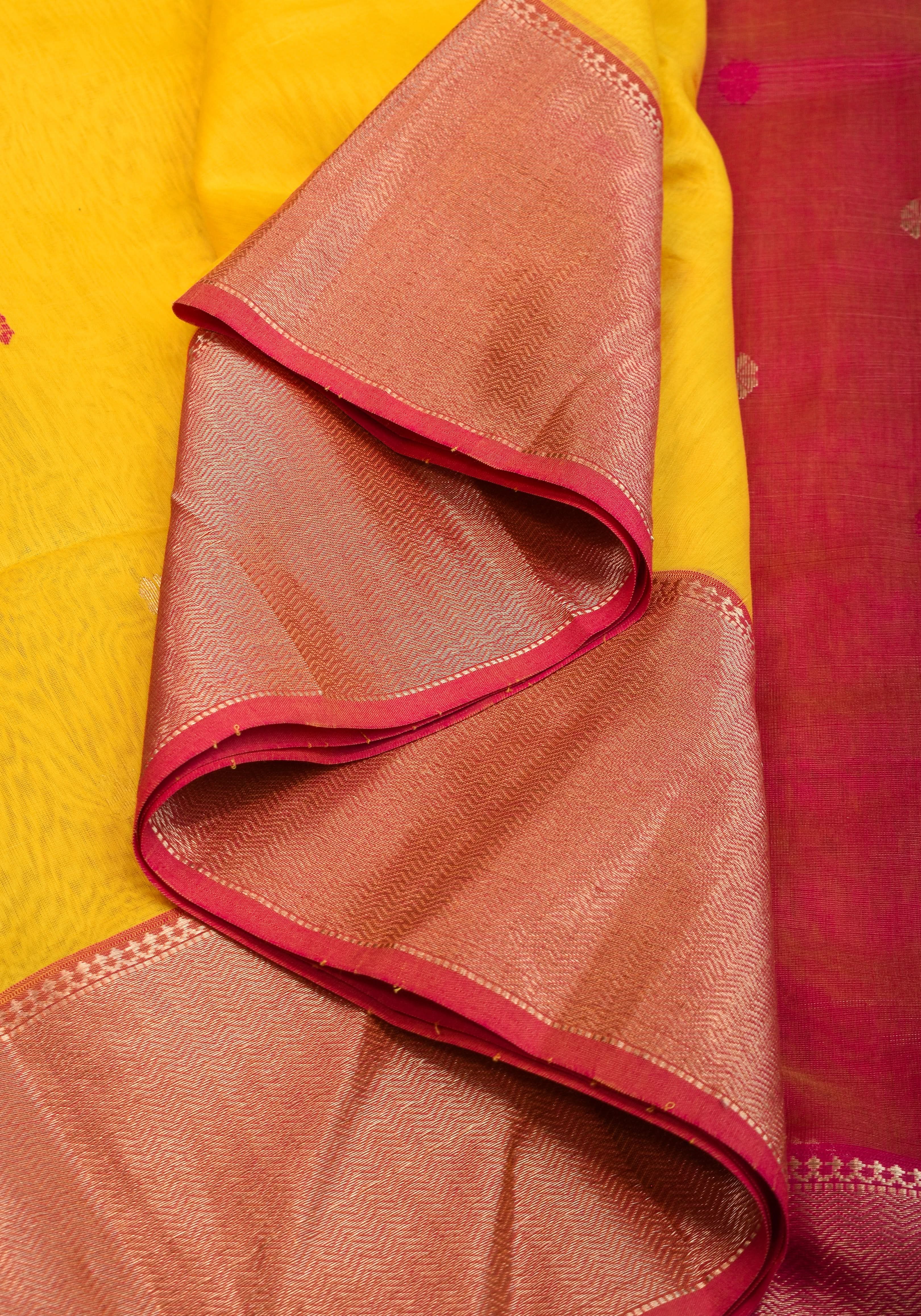 Handwoven Maheshwari Silk Cotton Saree in Yellow and Pink with zari borders | Shobitam