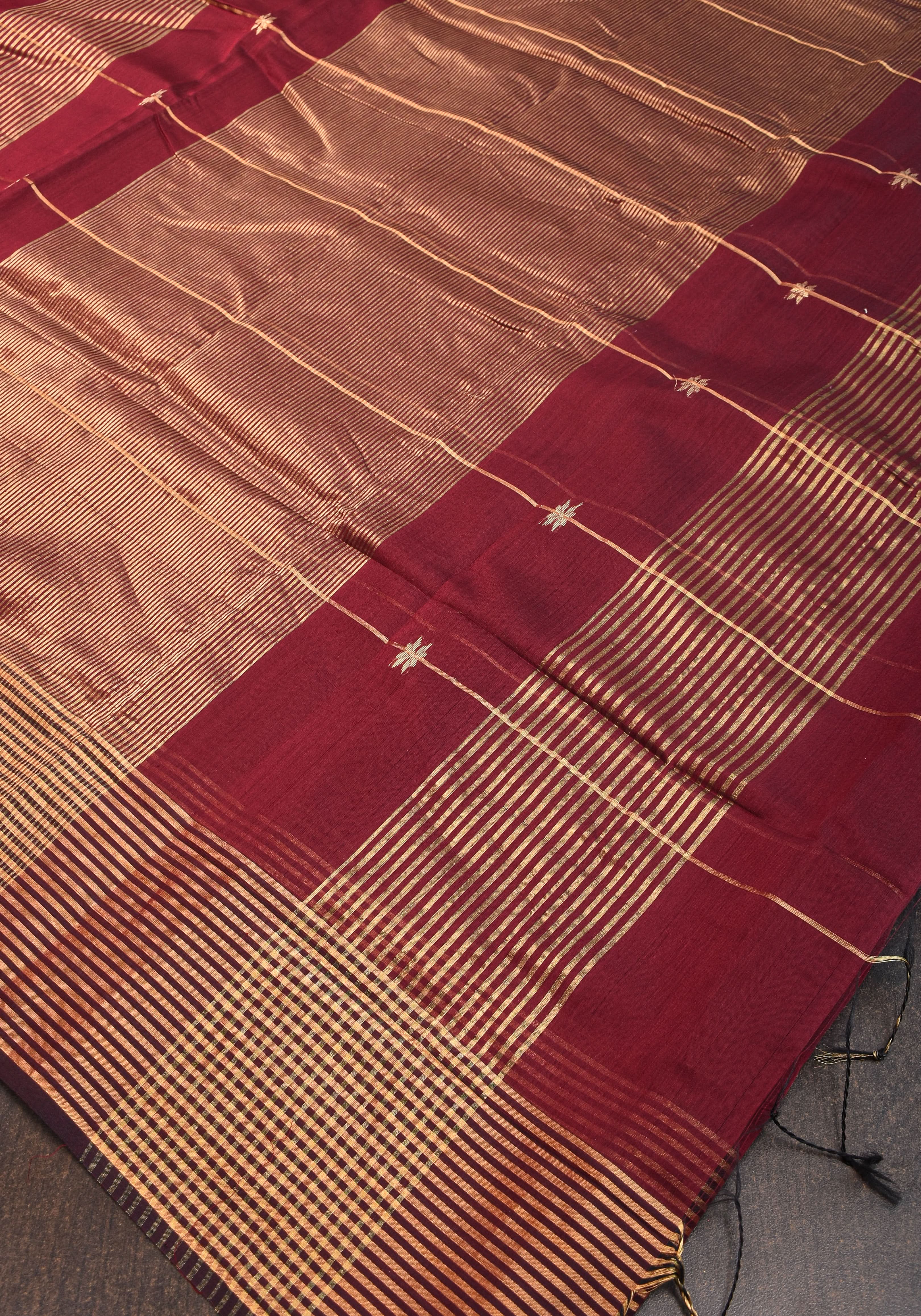 Maheshwari Silk Cotton Saree in Maroon with Stripes and Buttas | Shobitam