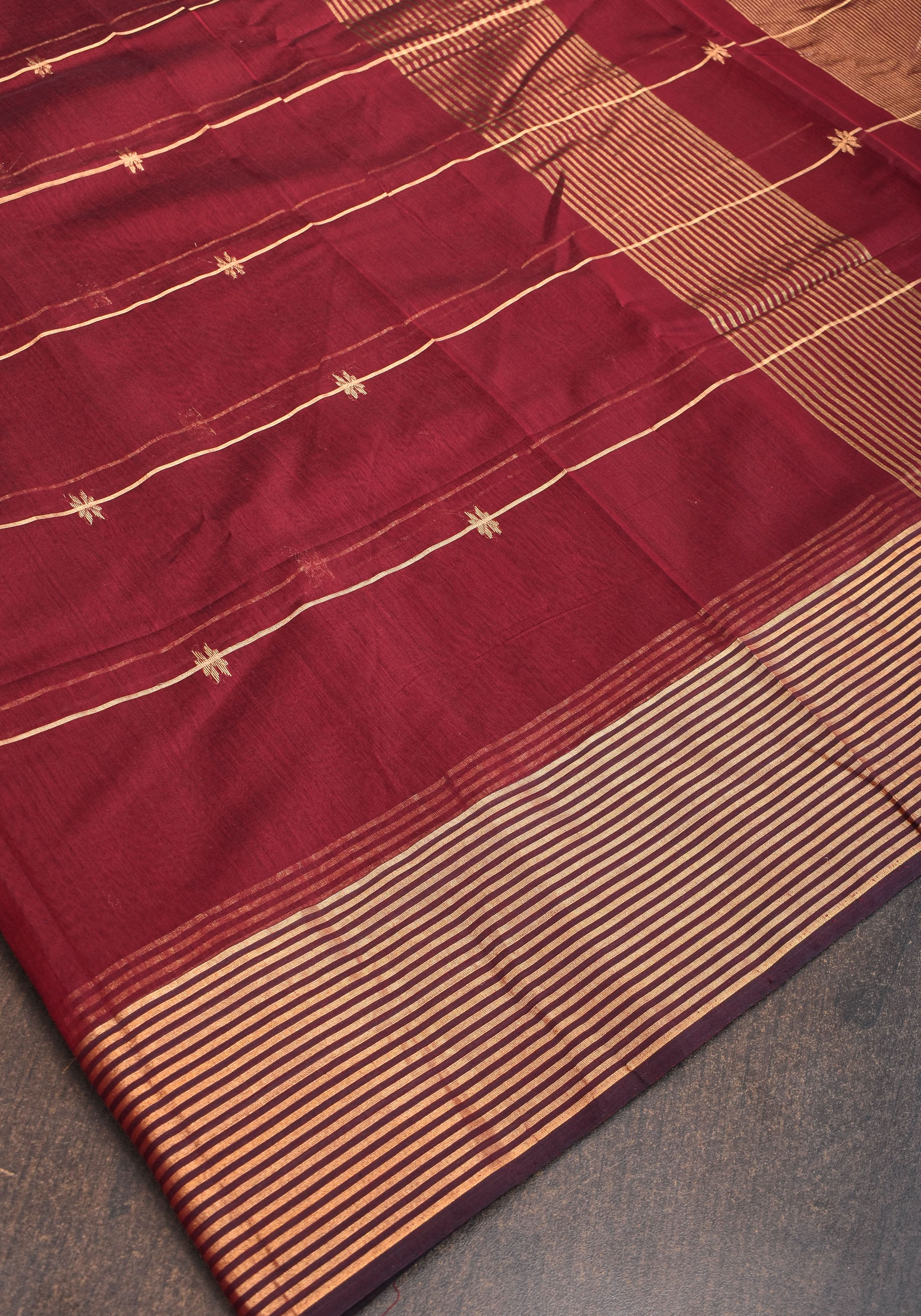 Maheshwari Silk Cotton Saree in Maroon with Stripes and Buttas | Shobitam