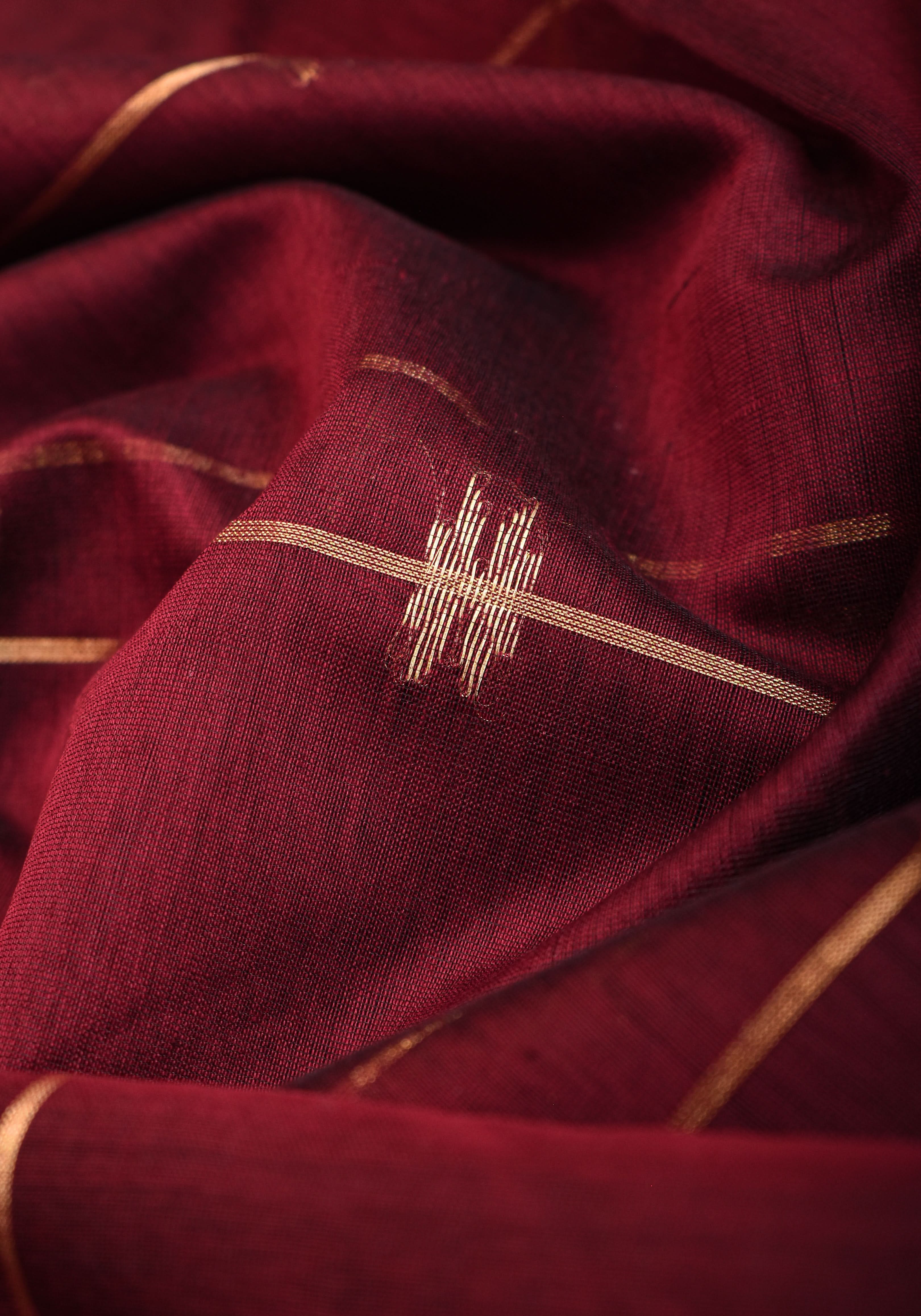 Maheshwari Silk Cotton Saree in Maroon with Stripes and Buttas | Shobitam