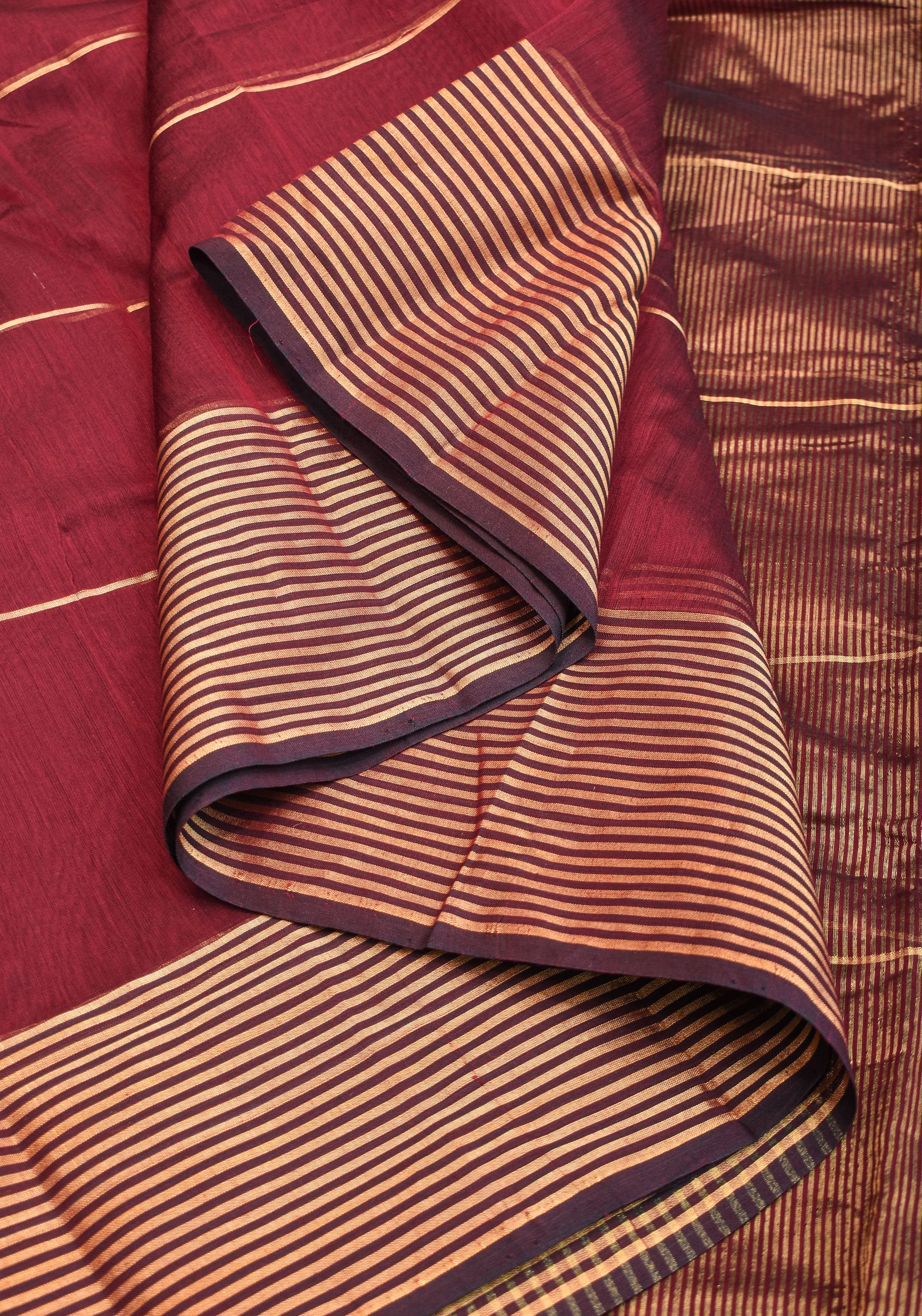 Maheshwari Silk Cotton Saree in Maroon with Stripes and Buttas | Shobitam